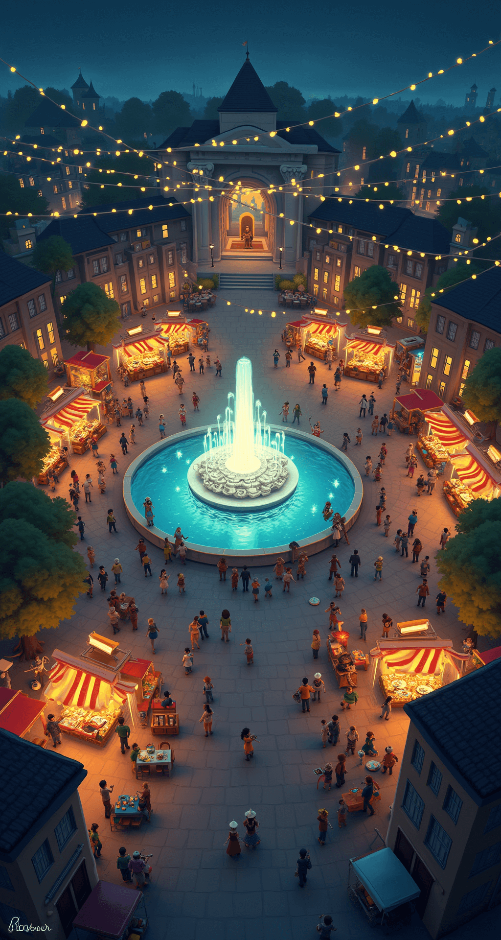 A vibrant nighttime festival scene in a Bloxburg town square, featuring a grand, illuminated fountain at the center, surrounded by colorful market stalls and twinkling fairy lights overhead. Players dance to music near a central bandstand, while others enjoy food at café tables. The diverse architecture of surrounding buildings is warmly lit, enhancing the festive atmosphere against the dark night sky.