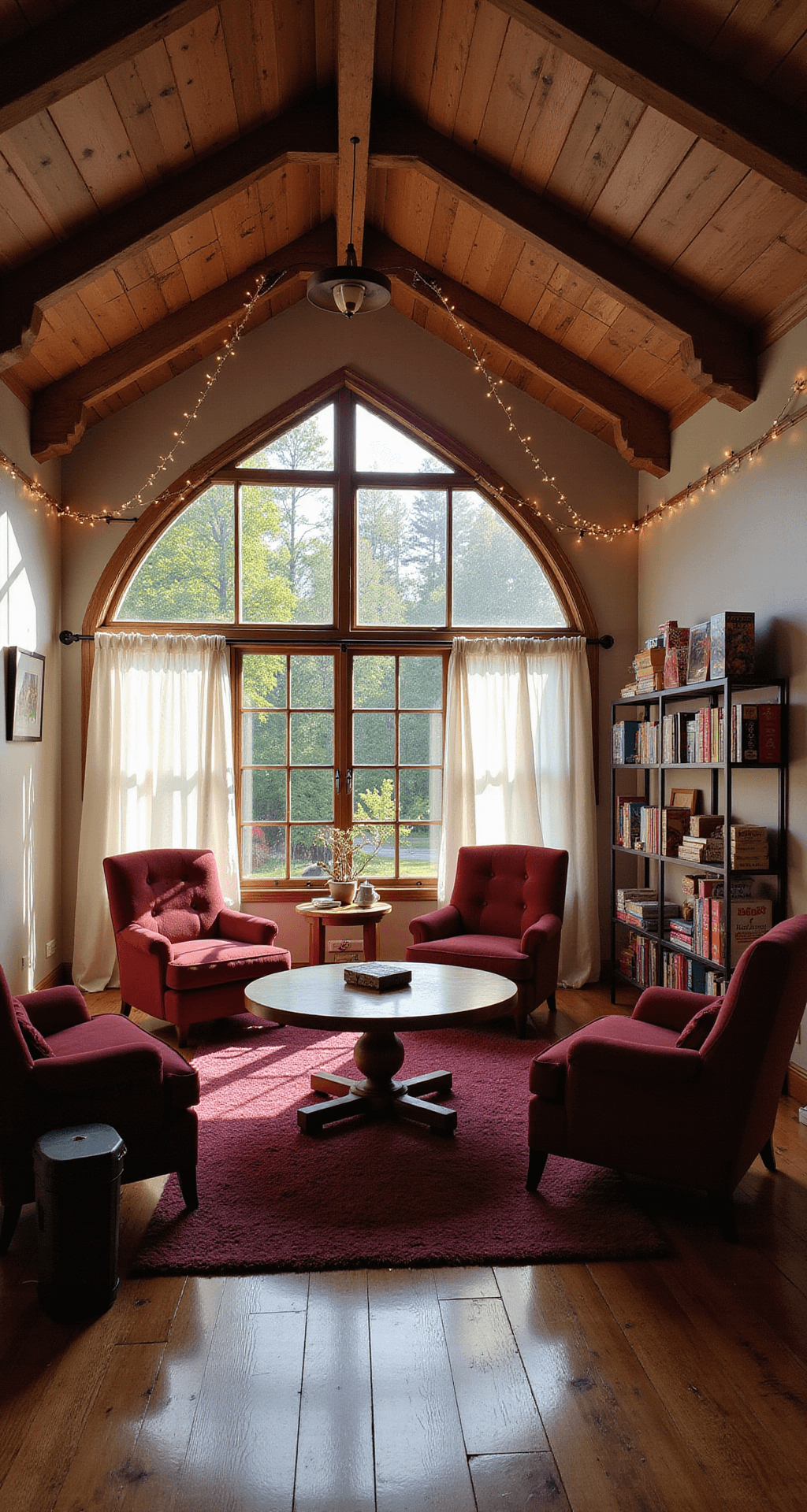 A cozy room featuring vaulted ceilings and wooden beams, with warm afternoon light filtering through sheer curtains. A large round table surrounded by jewel-toned armchairs sits on a deep burgundy area rug. Kallax shelves filled with colorful board games line one wall, while string lights create a magical ambiance.