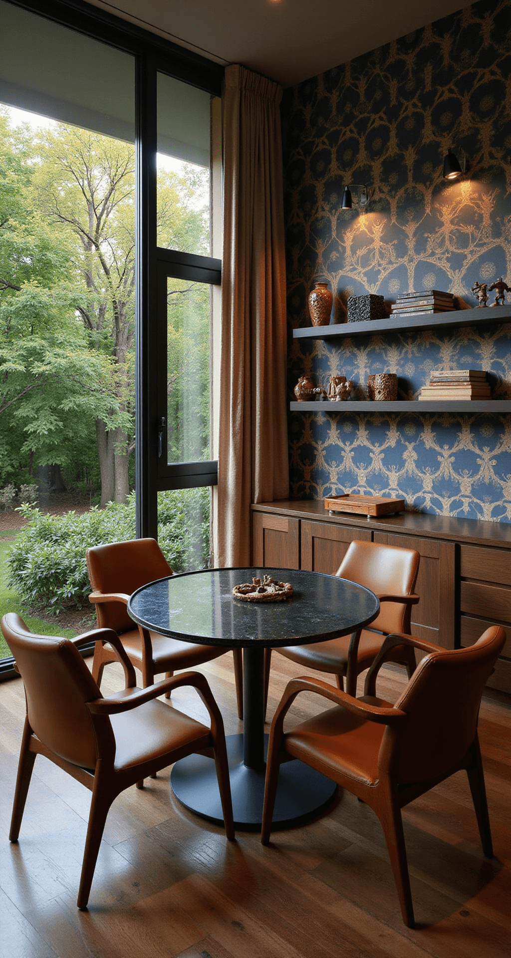 An intimate 10x12 foot space with floor-to-ceiling windows showcases a lush garden outside during early evening. The convertible dining table with a sleek glass top is surrounded by mid-century modern cognac leather chairs. Floating shelves on one wall display artfully arranged game pieces and miniatures, while geometric patterned wallpaper in muted gold and navy adds visual interest. Dramatic side lighting enhances textures and depth in the room.