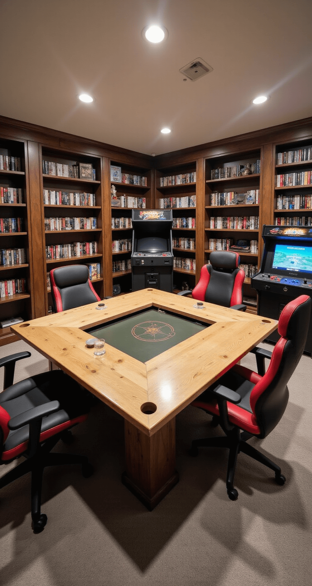 Spacious basement gaming haven featuring a custom-built gaming table, adjustable black and red chairs, floor-to-ceiling bookshelves filled with games, a vintage arcade machine, and soft recessed lighting, viewed from a slightly elevated angle.