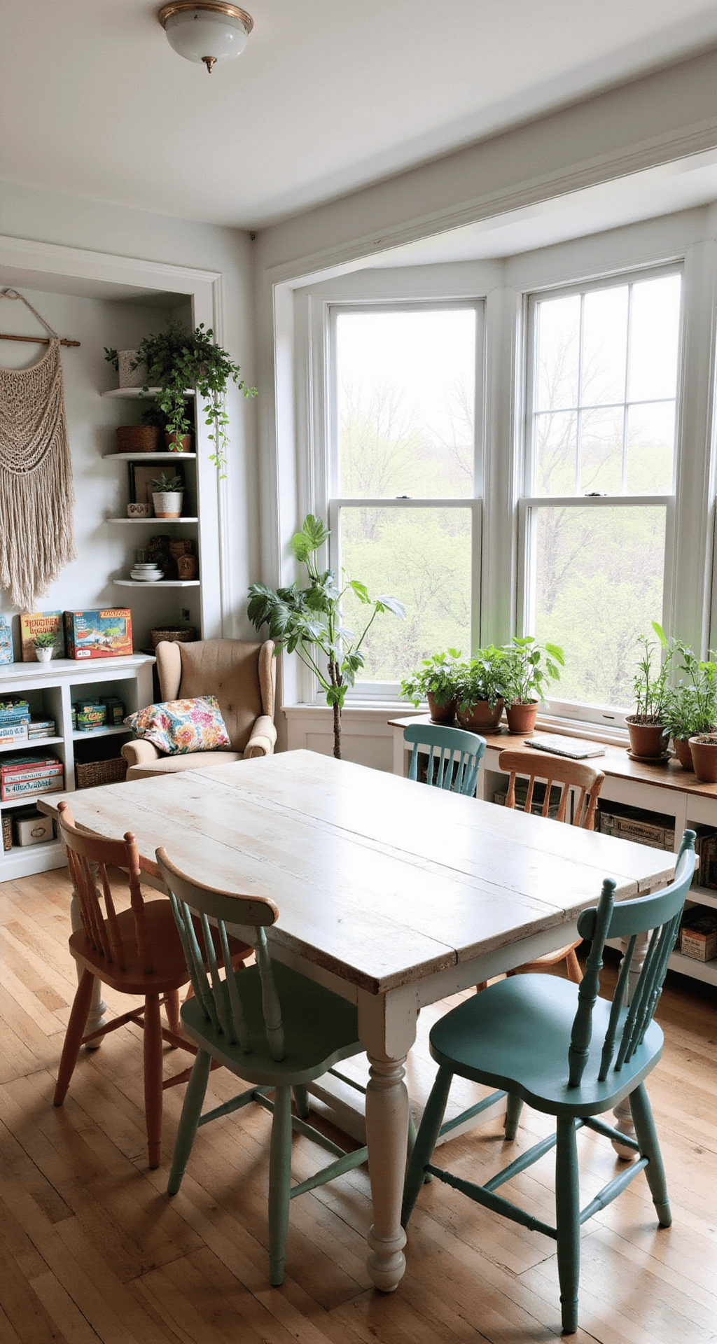 A bright, airy room featuring a farmhouse-style table surrounded by pastel-colored chairs, large bay windows letting in late morning light, open shelving with board games and plants, and a cozy reading nook with a wingback chair, all depicted in soft focus with natural lighting.