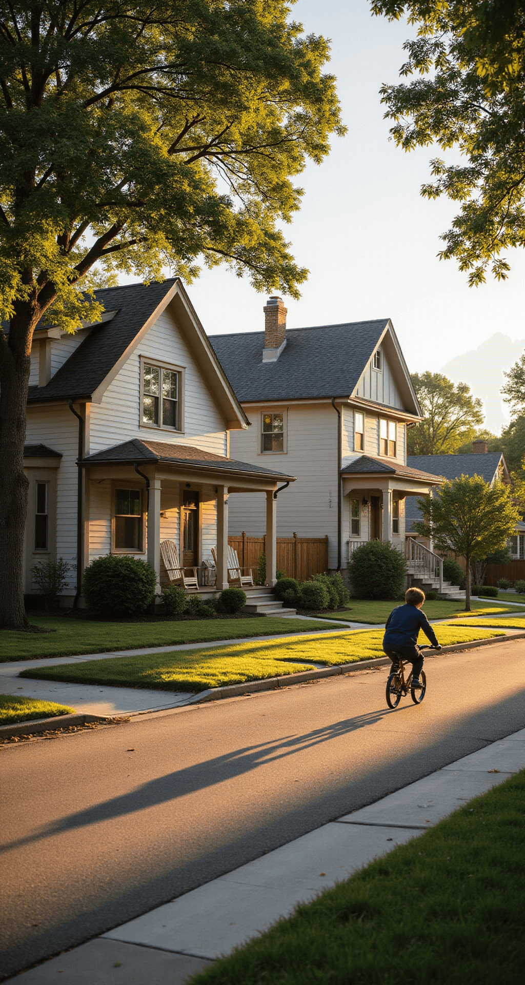 A cozy suburban street during golden hour, featuring a charming craftsman house with a porch and rocking chairs, a sleek modern home, lush green lawns, trees casting shadows, and a child riding a bicycle.