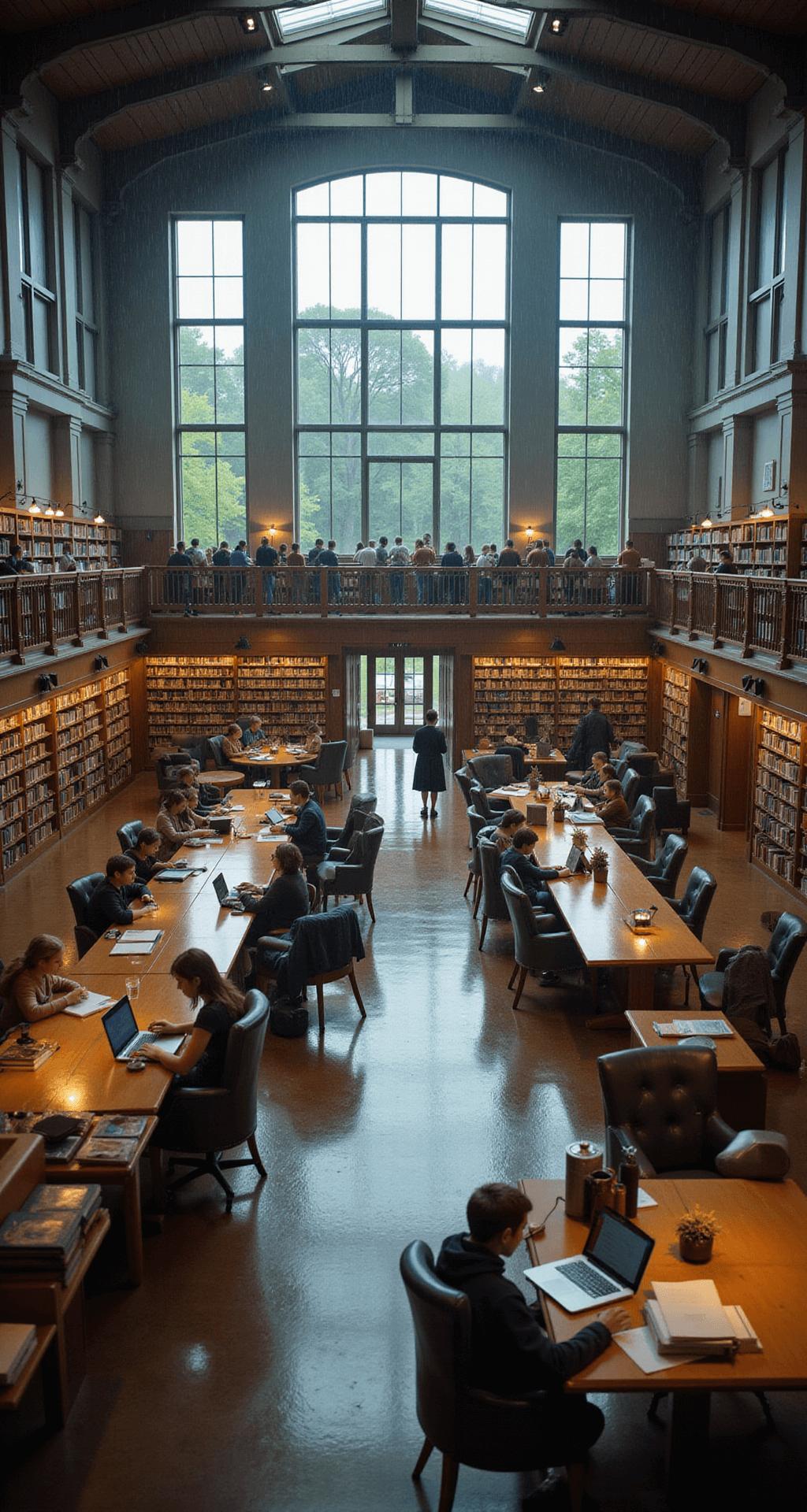 Interior of a bustling town library on a rainy afternoon, featuring high ceilings with exposed wooden beams, large rain-streaked windows, rows of bookshelves, cozy reading nooks with plush armchairs, a modern central circulation desk, quiet students at long tables, and soft pendant lighting, all within a rich wood and muted blue and green color palette.
