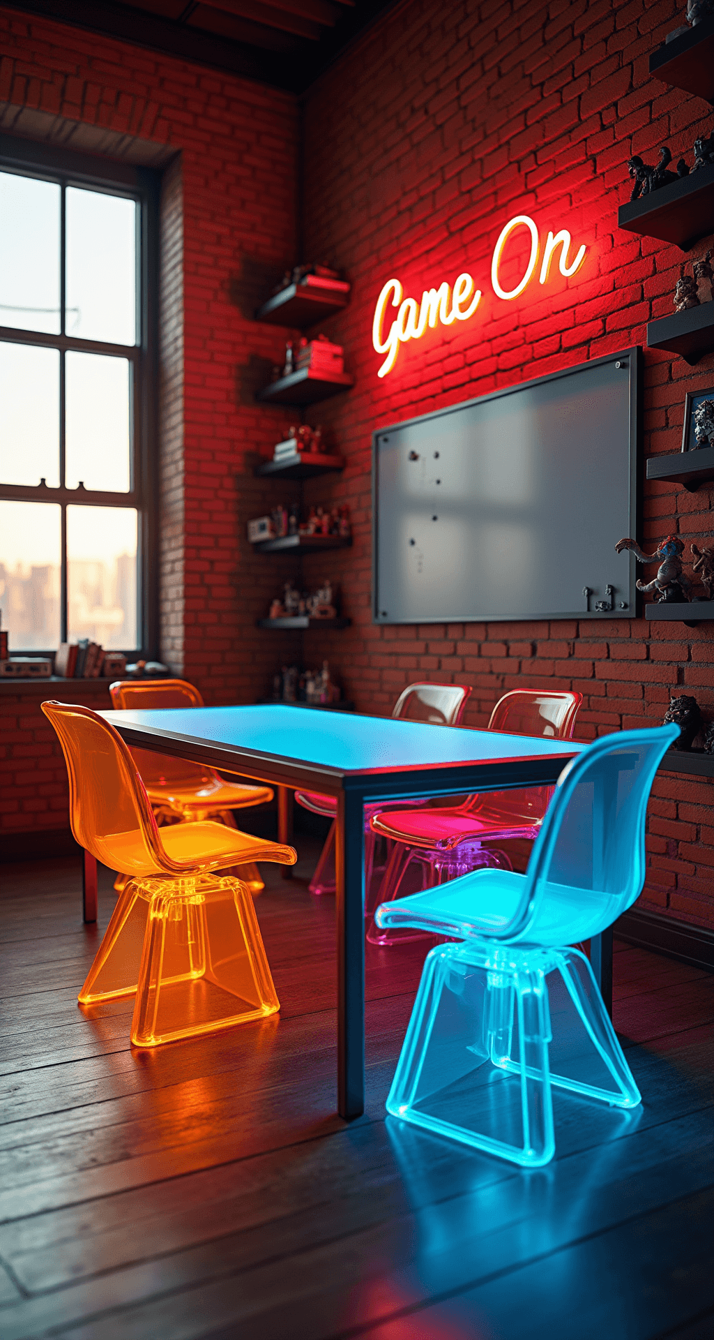 An eclectic loft with exposed brick walls and industrial windows illuminated by golden hour light, featuring a modern gaming table surrounded by colorful acrylic chairs, a magnetic strategy board, floating shelves of miniatures, and a neon 'Game On' sign, all captured from a low angle to highlight the room's height with cinematic backlighting.