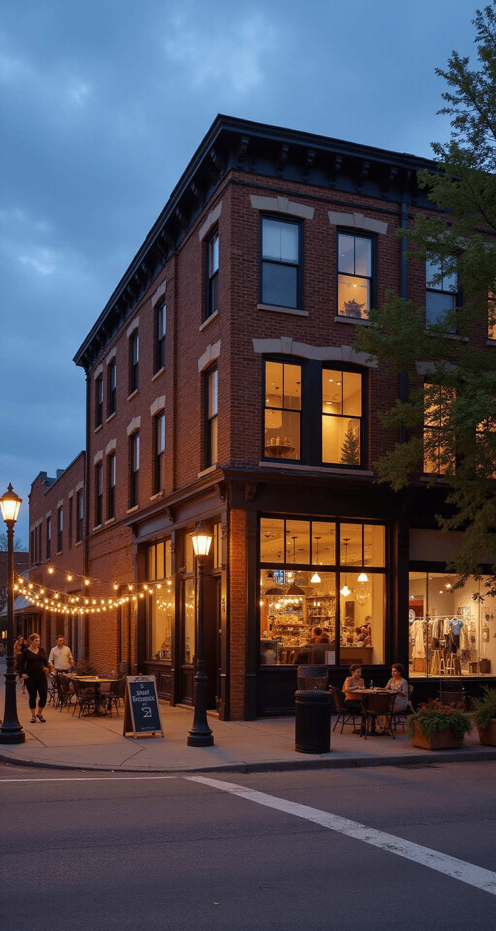 A bustling downtown street corner at dusk features a chic café with glowing windows and outdoor seating adorned with string lights, while a vintage clothing shop across the street displays a creative window. Pedestrians populate the sidewalks, and street lamps illuminate the scene against a backdrop of deep red bricks and a cool blue twilight sky.