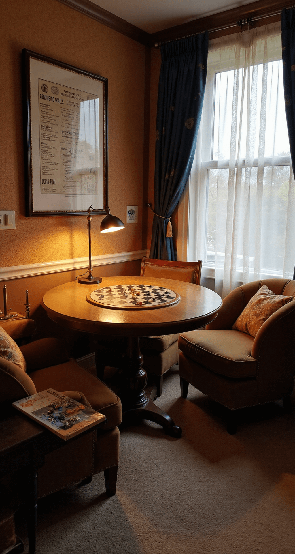 A cozy gaming nook with a round pedestal table, overstuffed velvet armchairs, cork board displaying game rules, and a vintage bar cart for snacks, all illuminated by soft lamplight and filtered through sheer curtains with a game piece pattern.