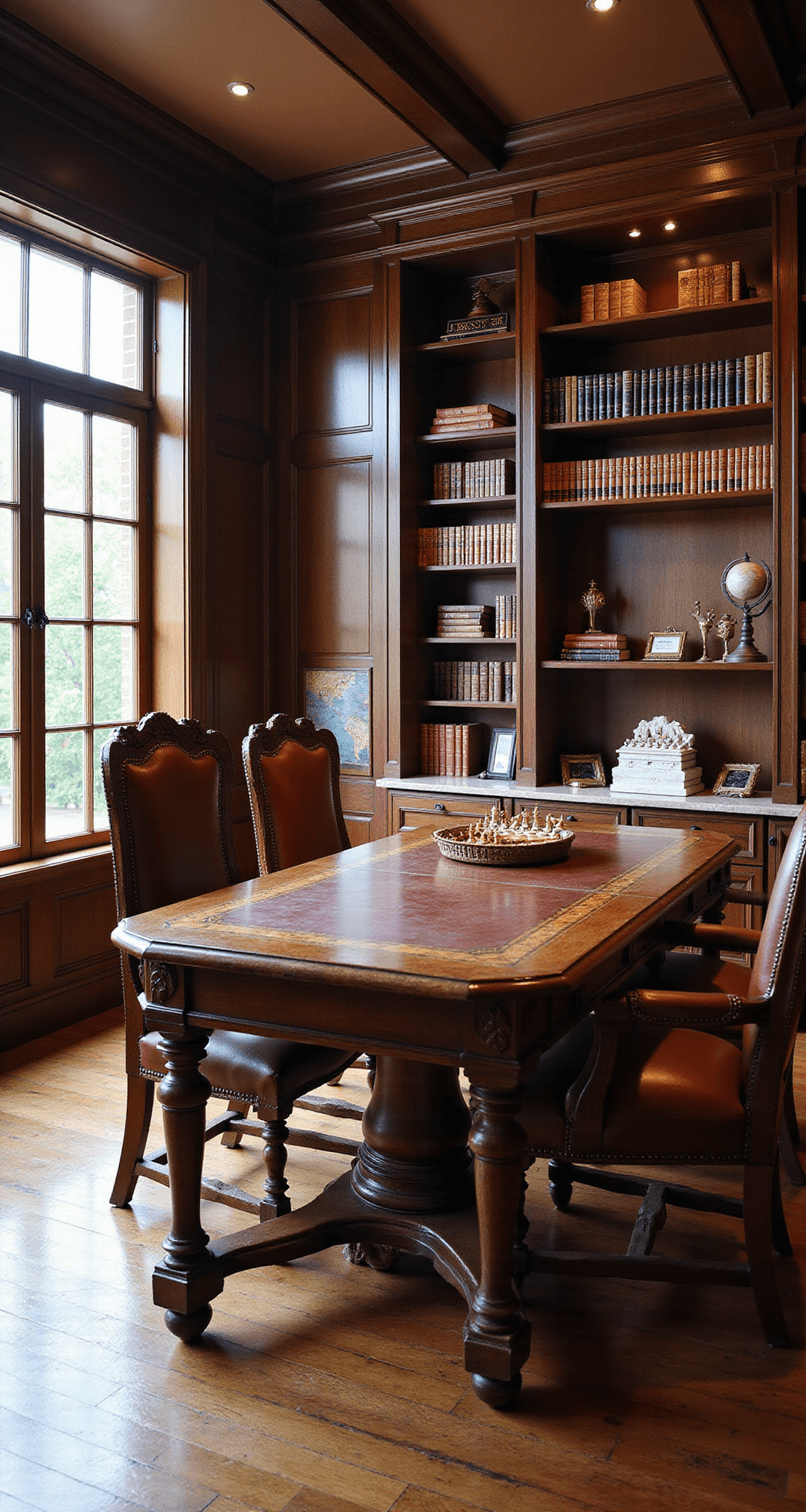 A luxurious home library and gaming room featuring a large mahogany table, leather chairs, built-in bookcases filled with leather-bound books and board games, a marble chess set, and a globe bar, all illuminated by late afternoon light streaming through floor-to-ceiling windows.