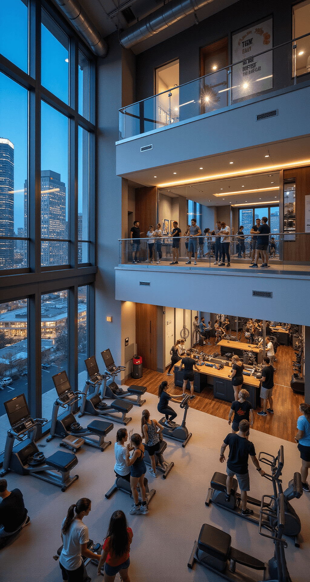 Interior view of a busy upscale gym at night, featuring floor-to-ceiling windows that showcase the city skyline. The modern space is filled with diverse exercise equipment, a glass-walled group class studio, motivational posters, and large mirrors. Various people of different ages work out, some with personal trainers, all under bright, even lighting. The color palette includes cool greys and whites with accents of energetic red and blue.