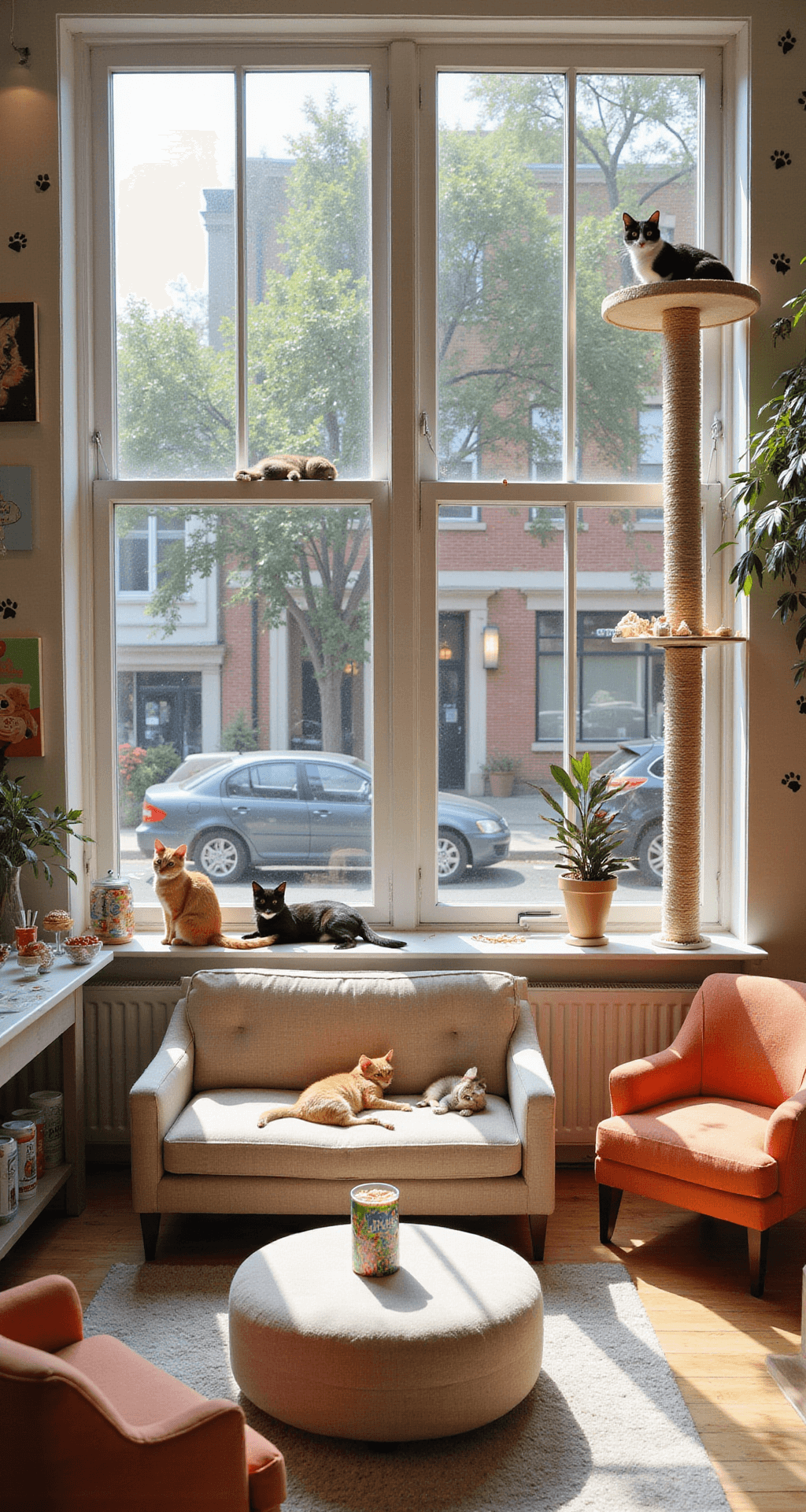 A whimsical pet café filled with natural light, featuring cat trees, cozy pastel seating, pet-themed treats, and playful wall art, with cats lounging and weaving between customers.
