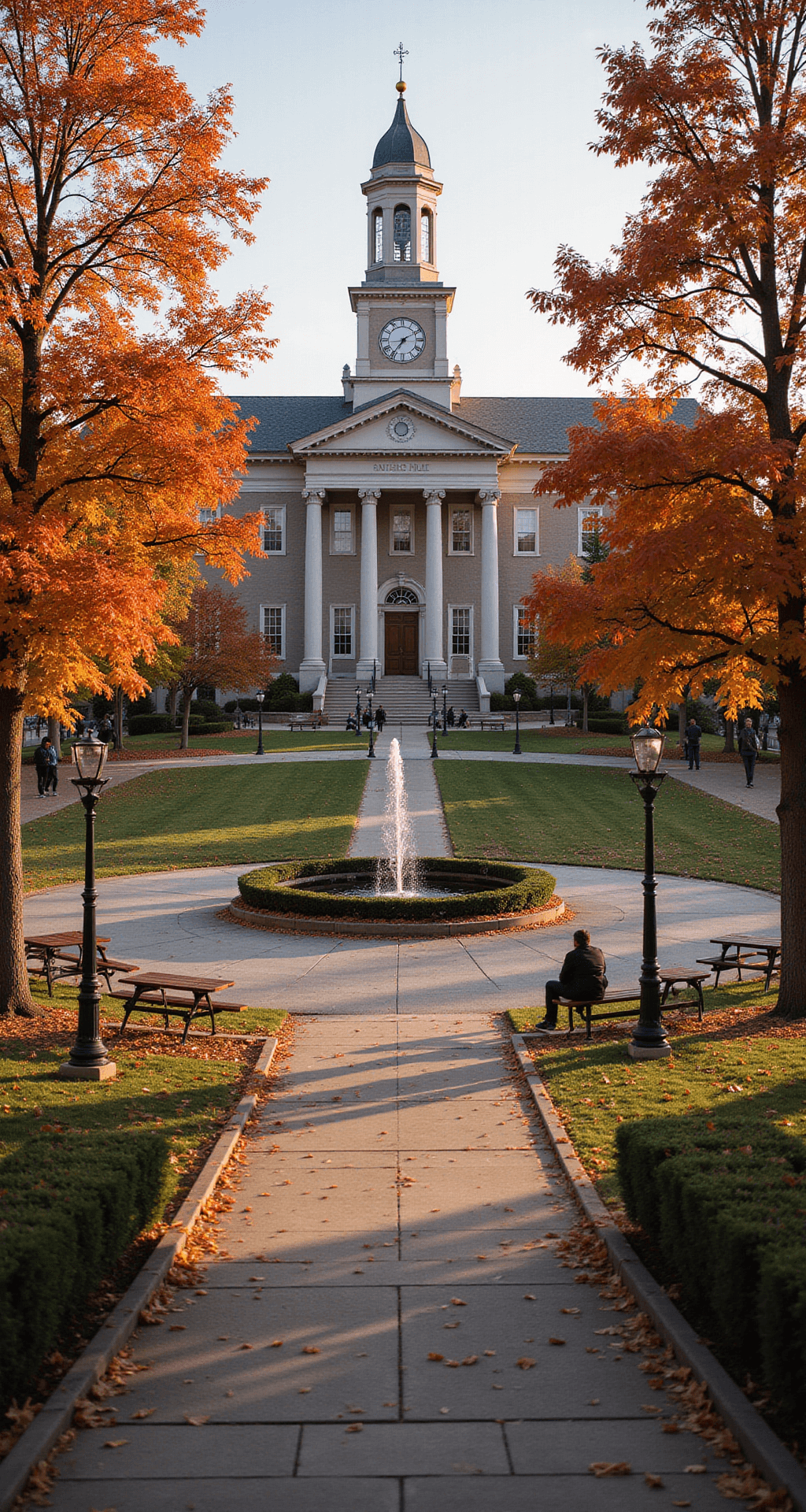 A scenic town square in autumn featuring a gazebo surrounded by vibrant fall-colored trees, benches, picnic tables, and a small fountain. The imposing town hall with columns and a clock tower serves as the backdrop, while people enjoy the picturesque scene bathed in warm golden hour light.