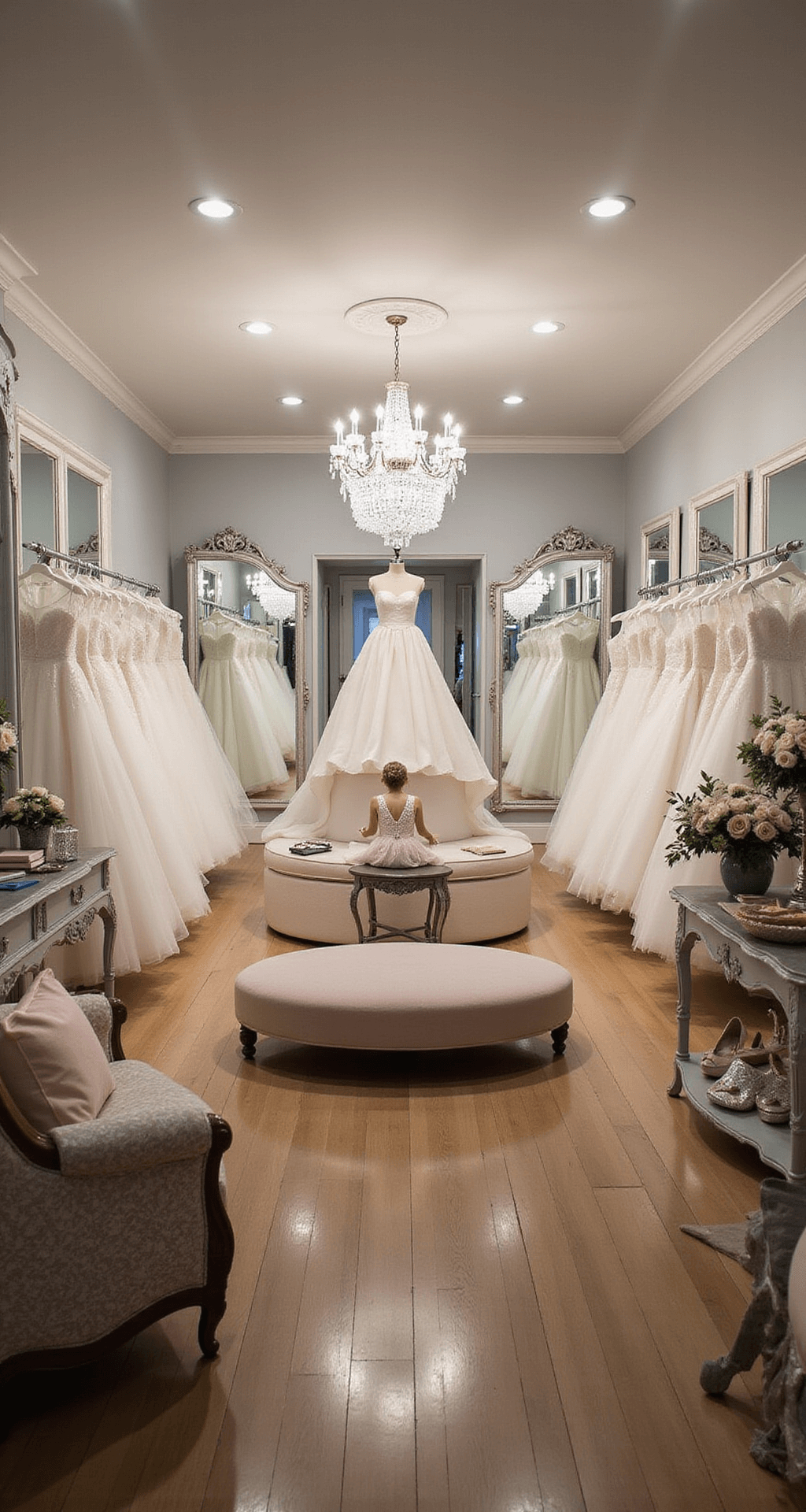 Interior of a charming bridal boutique with soft, diffused lighting illuminating elegant displays of wedding gowns, a central fitting area surrounded by mirrors, plush seating for the bride's entourage, crystal chandeliers, and artfully arranged accessories, all in a dreamy color palette of whites, ivories, blush pink, and silver.