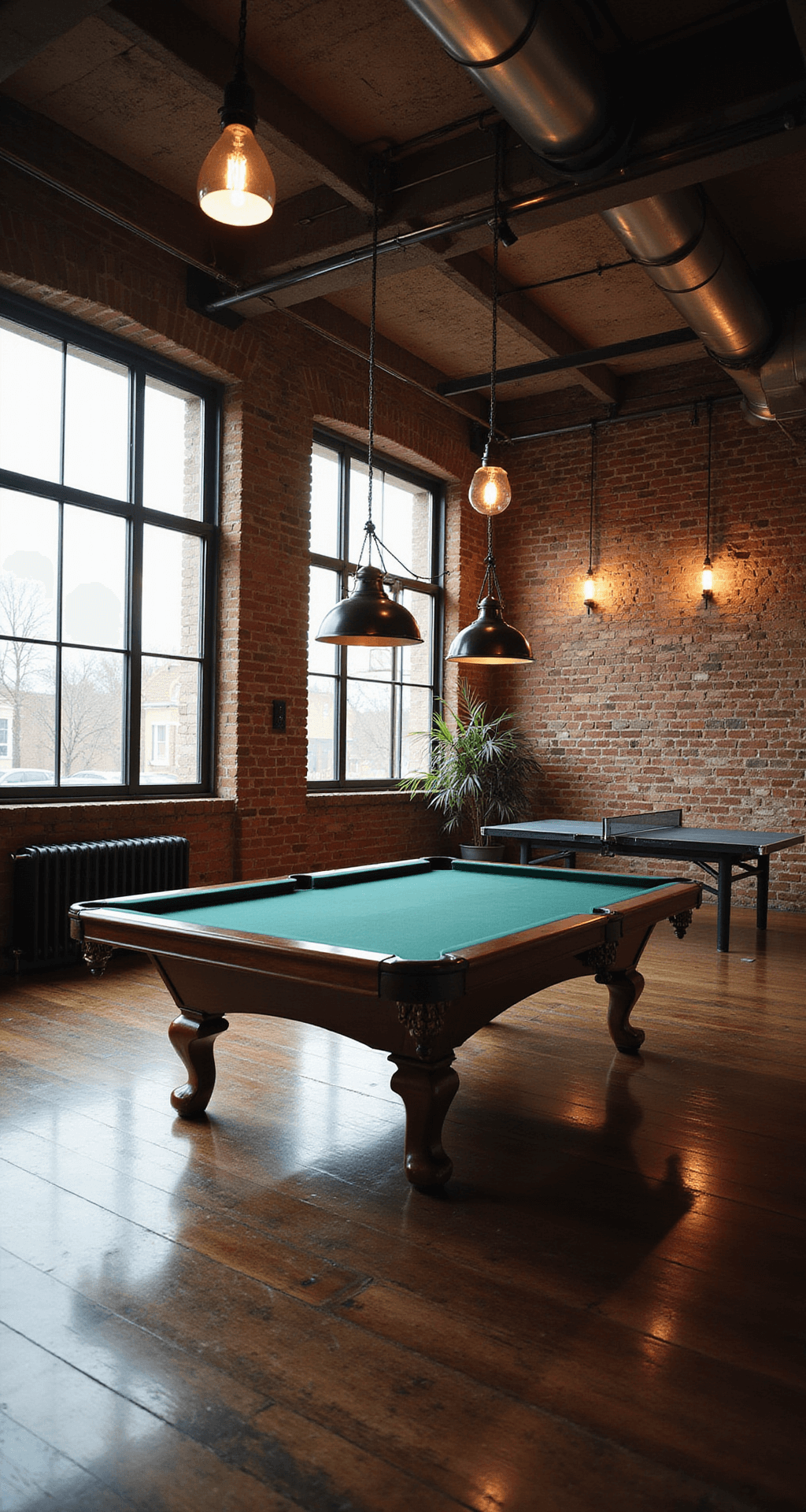 A spacious loft game room featuring exposed brick walls, metal pipes, and large industrial windows that let in warm afternoon light. The dark-stained hardwood floor highlights a vintage-inspired pool table at the center, surrounded by Edison bulbs and iron and wood accents. A multi-use pool/ping pong table is visible in one corner, all captured in a wide shot from a slightly elevated angle, creating an urban and inviting atmosphere.