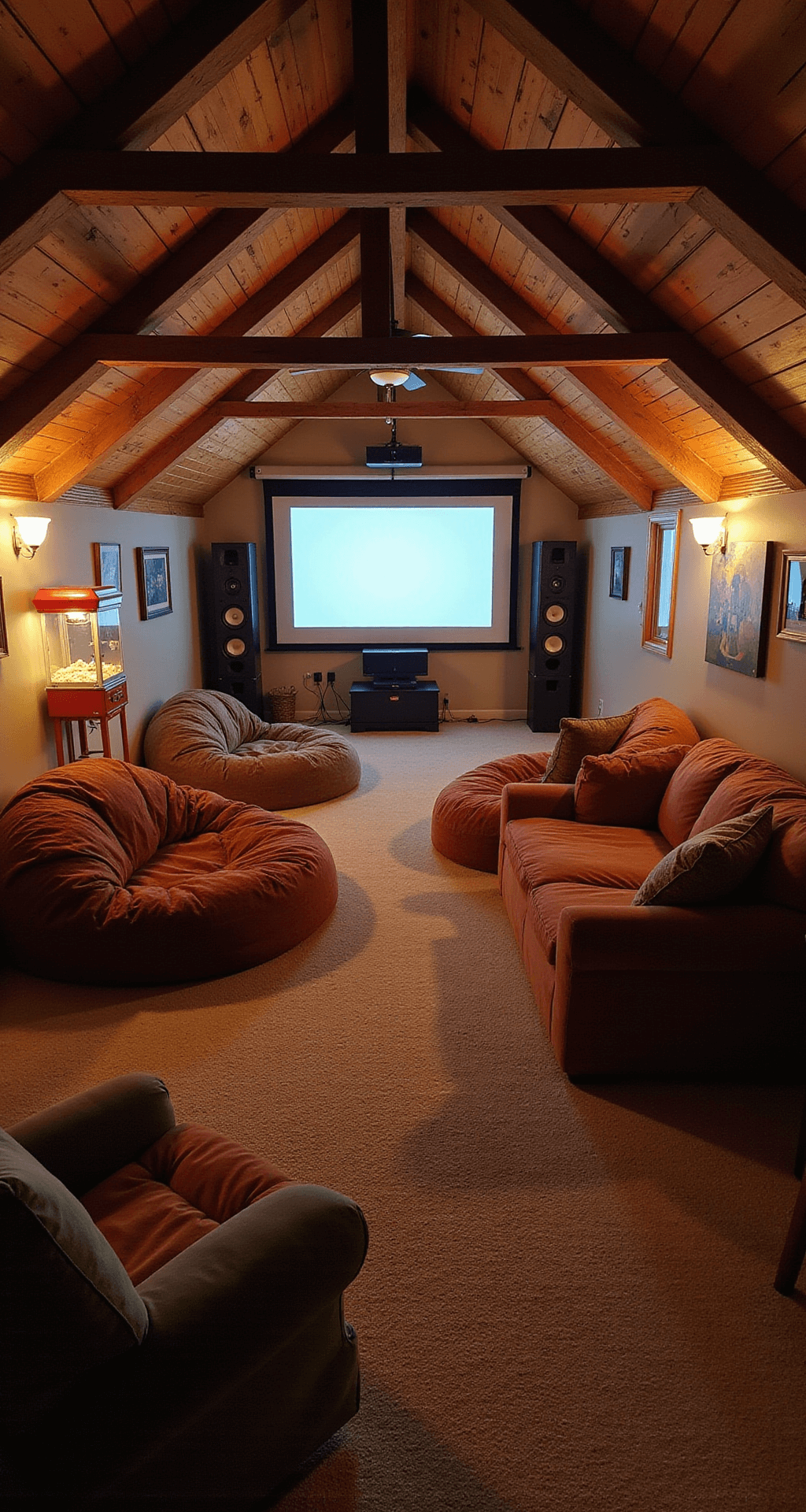 A cozy attic game room featuring sloped ceilings with exposed wooden beams, plush oversized bean bags, and deep couches in warm tones. The space includes a home theater setup with a large projector screen and surround sound, along with a vintage popcorn machine and quirky pop culture wall art, all illuminated by soft lamplight, creating an inviting atmosphere.