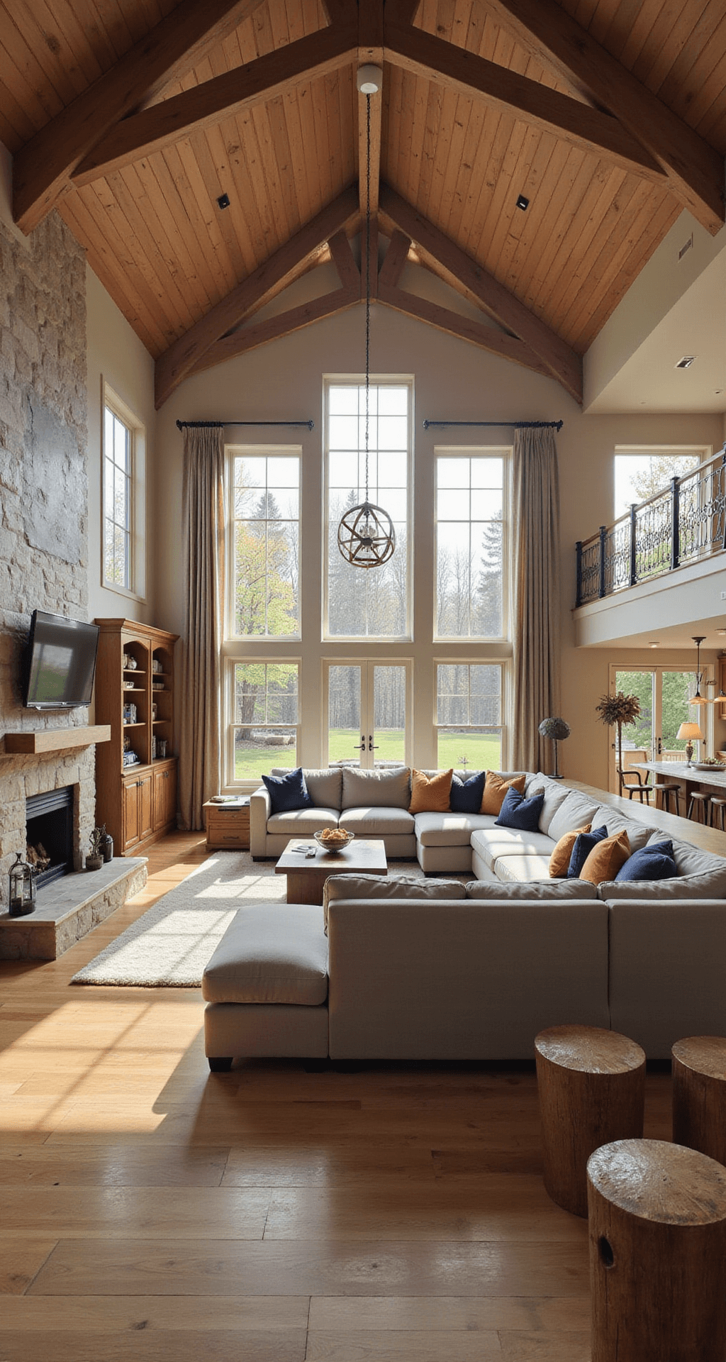Spacious open-concept living room and kitchen with vaulted ceilings, exposed wooden beams, large west-facing windows, plush gray L-shaped sectional, stone fireplace, built-in bookshelves, marble island, hardwood floors, and subtle navy and rust accents.