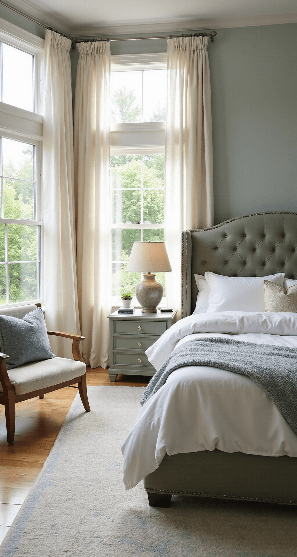 A cozy master bedroom retreat featuring a king-sized bed with a tufted sage green headboard, sheer curtains allowing soft morning light, a bay window nook, matching nightstands with ceramic lamps, a reading chair, and pale wood flooring partially covered by a cream and pale blue rug.