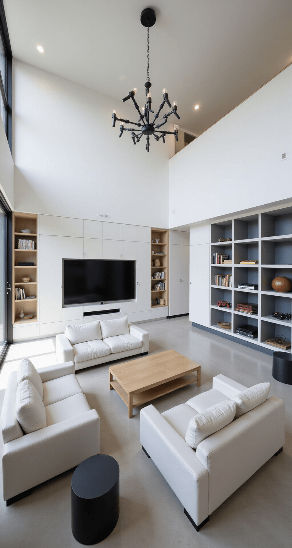 A high-angle view of a minimalist loft game room featuring floor-to-ceiling windows, a monochrome color palette, streamlined furniture, a large smart TV, organized shelving, and a modern chandelier, all bathed in bright, airy light.