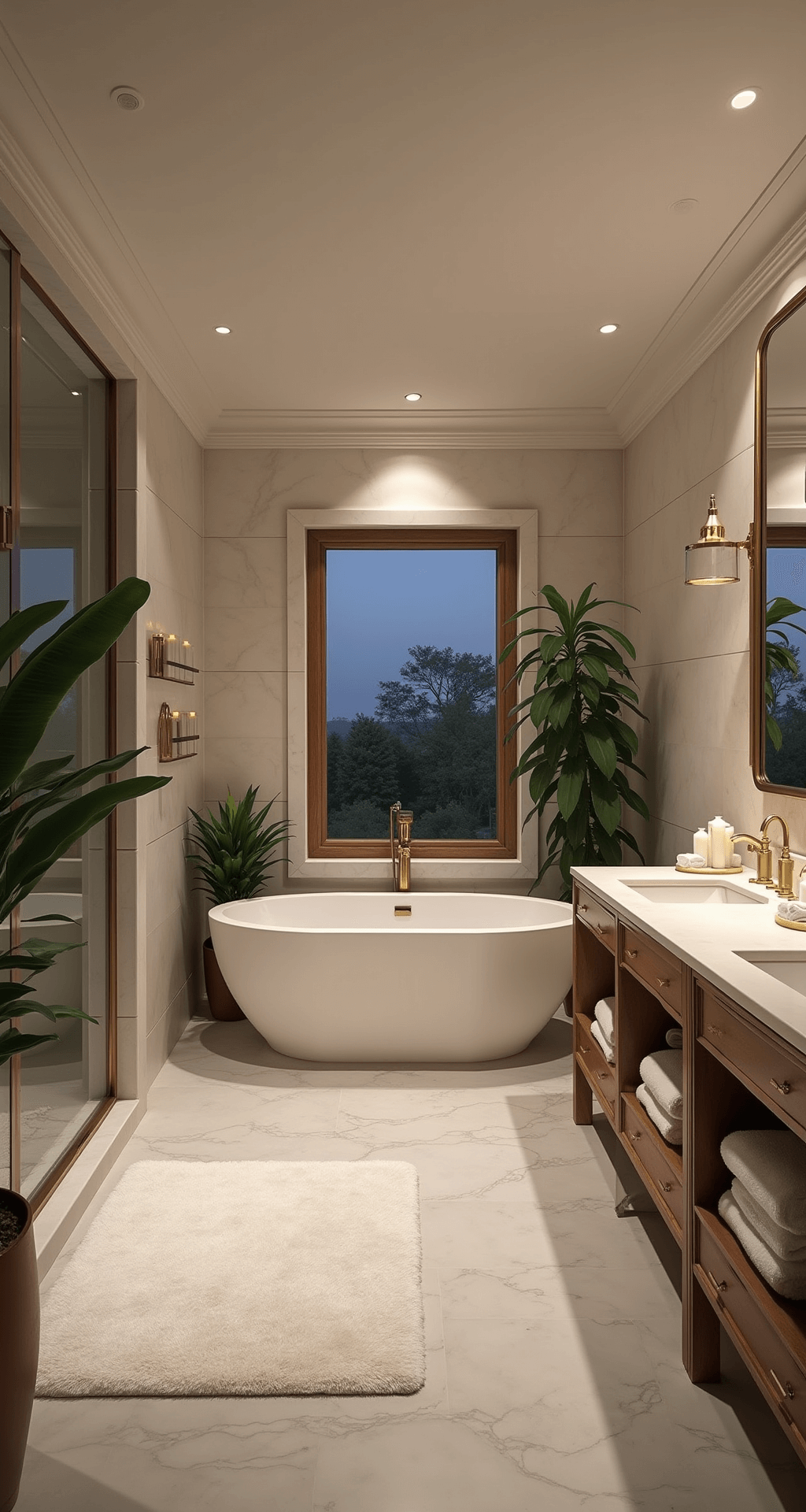 Luxurious spa-like bathroom with a freestanding soaking tub, soft recessed lighting, large format marble tiles, glass-enclosed shower, double vanity with brushed gold fixtures, lush green plants, and plush white bath mat, captured from a low angle at the entrance.