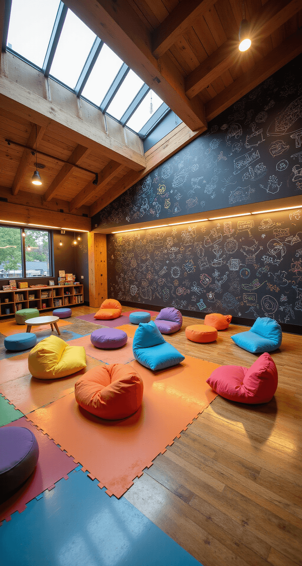 A vibrant multi-level loft play area for kids and adults, featuring colorful chalkboard walls, beanbags, board games, a climbing wall, and a cozy reading nook, all illuminated by cheerful lighting.