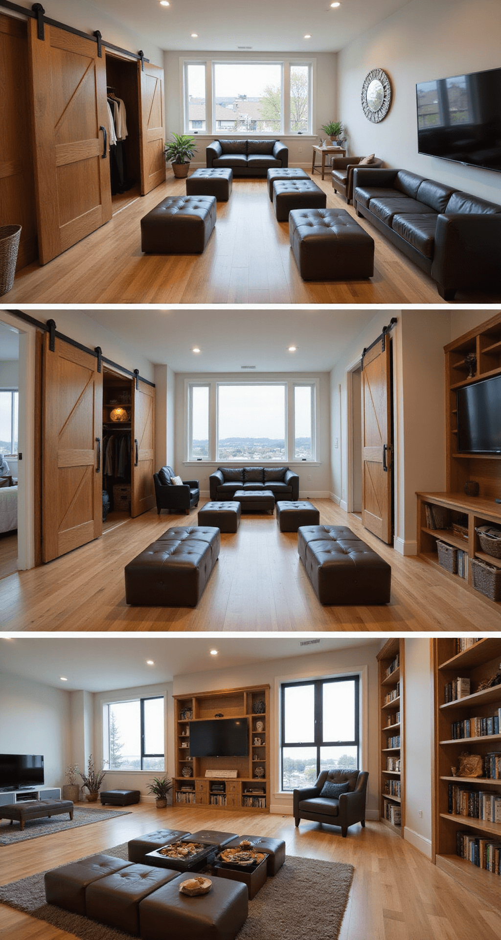 A stylish loft game room featuring innovative space-saving solutions, including oversized storage ottomans, modular furniture, tall shelving, and a Murphy bed disguised as a bookshelf, illuminated by natural light and accent lighting, with large barn doors separating areas.