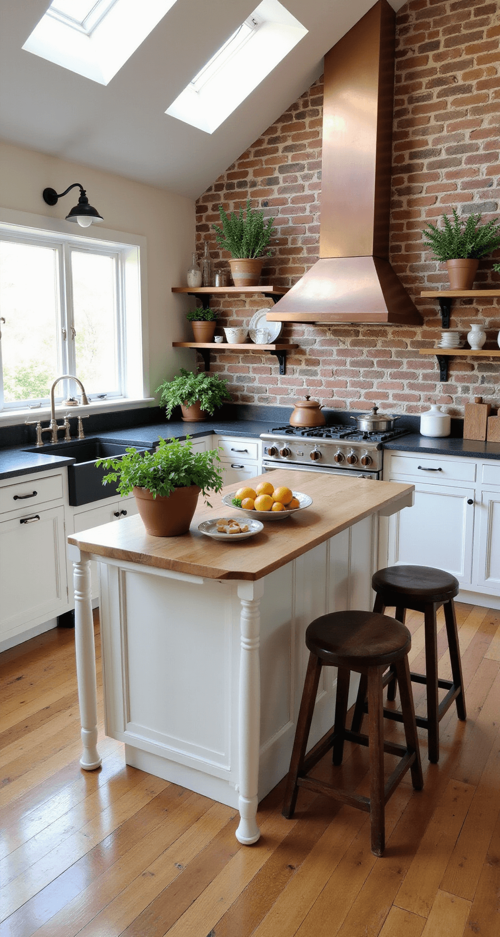 A cozy farmhouse-style kitchen featuring a large center island, exposed brick wall, white shaker cabinets, dark soapstone countertops, and natural light streaming through windows. The space includes a professional-grade range with a copper hood, butcher block island top, comfortable bar stools, and wooden floors. Fresh herbs and colorful citrus fruits enhance the inviting atmosphere.
