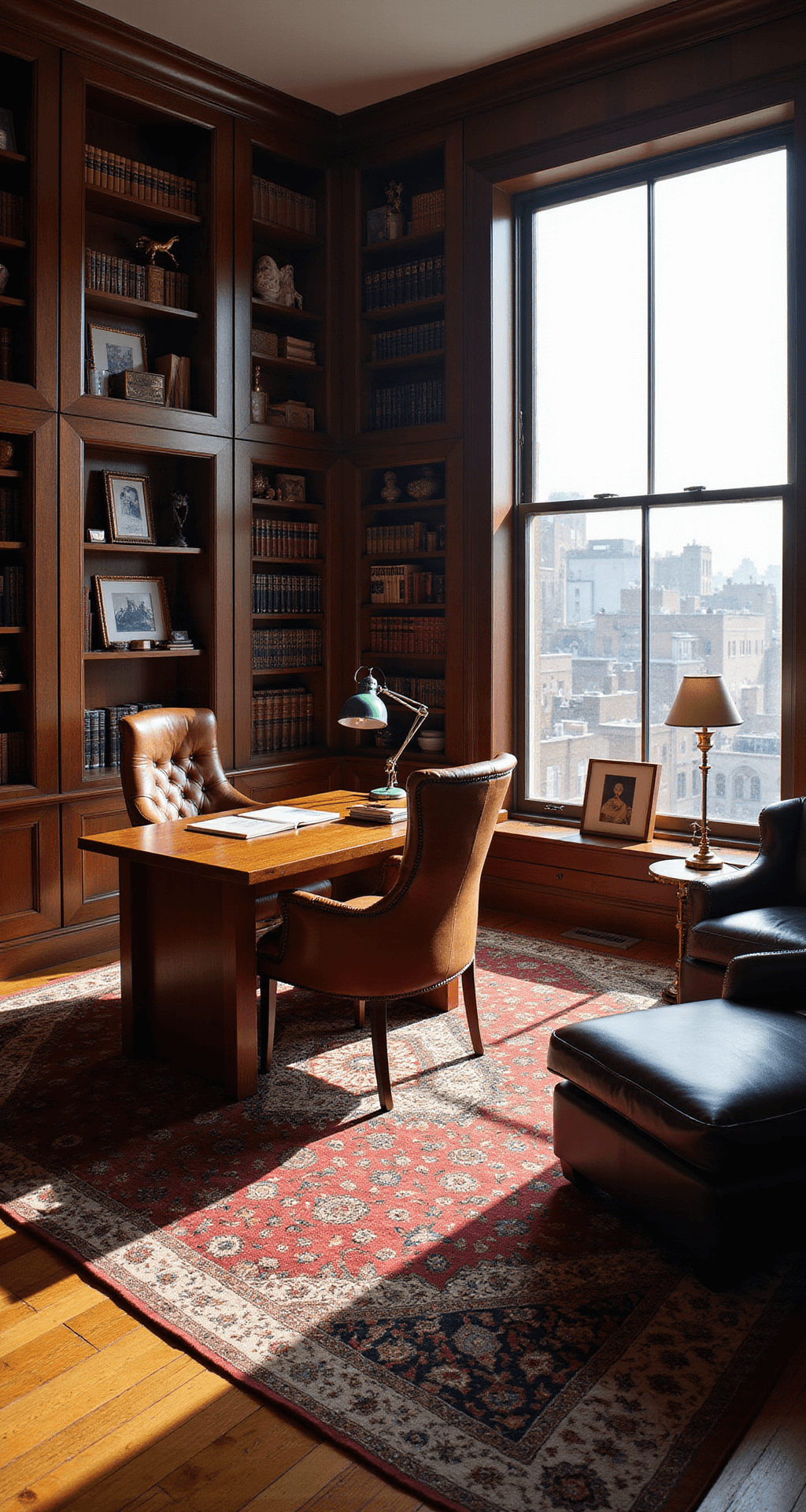 A sophisticated home office featuring floor-to-ceiling bookshelves filled with leather-bound books, a substantial wooden desk with a high-backed leather chair, and a seating area with club chairs, all illuminated by late afternoon light casting shadows.