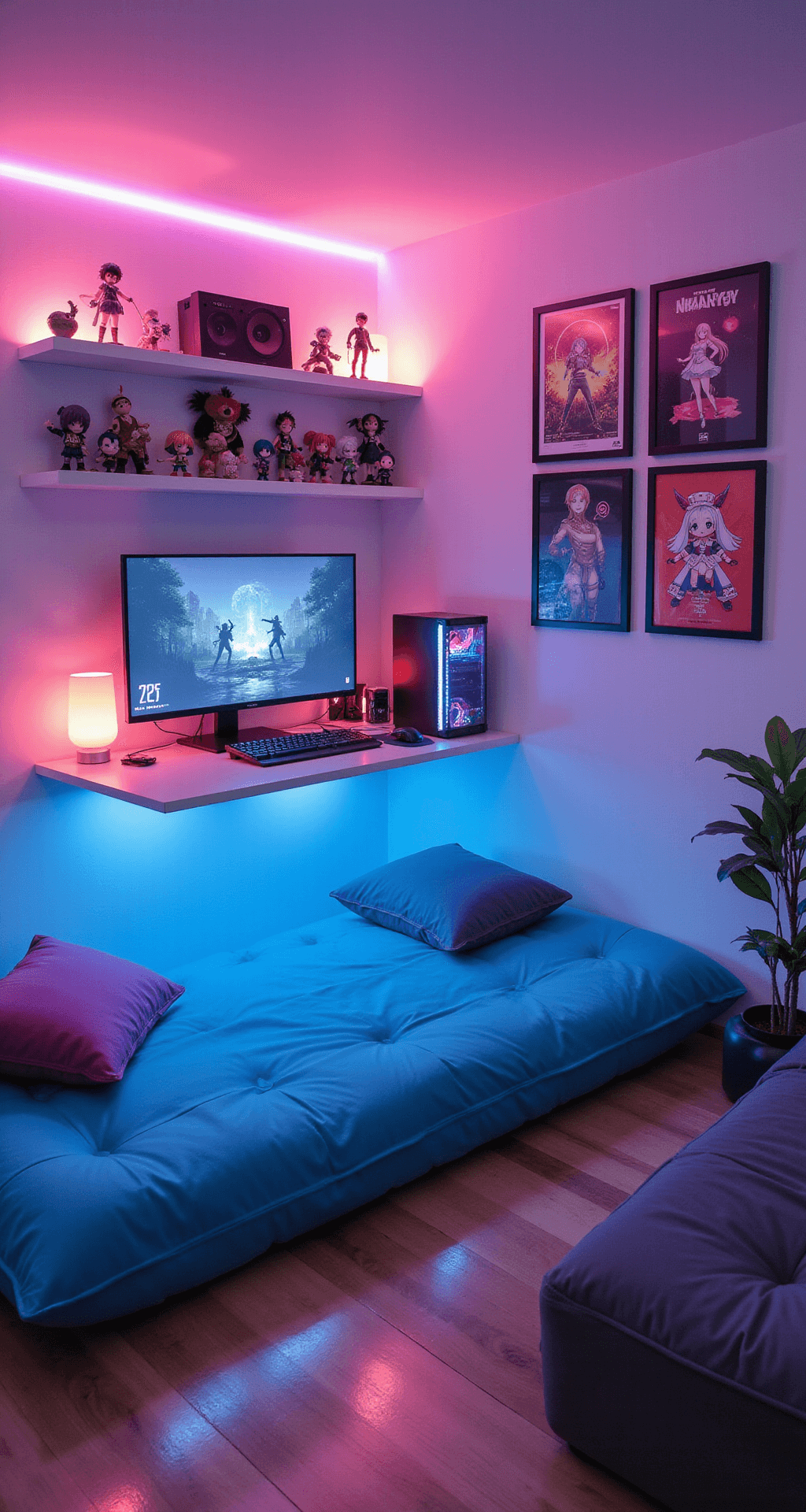 Cozy 12x10ft room with warm lighting, compact gaming setup, minimalist white desk, ultrawide monitor, floating shelves with Anime figurines, vibrant Anime poster gallery, electric blue futon, and a dreamy Otaku paradise atmosphere.