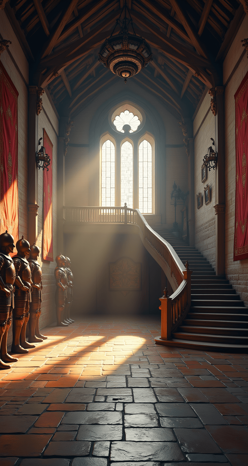 Bloxburg Castle: Building Your Dream Fortress A grand Bloxburg castle entrance hall featuring 30-foot vaulted ceilings with wooden beams, illuminated by late afternoon sunlight streaming through tall windows. A sweeping stone staircase is on the right, while suits of armor line the left wall. Rich red and gold tapestries adorn the space, and a polished stone floor reflects light from a large iron chandelier, all captured from a low angle to emphasize the hall's grandeur and medieval opulence.