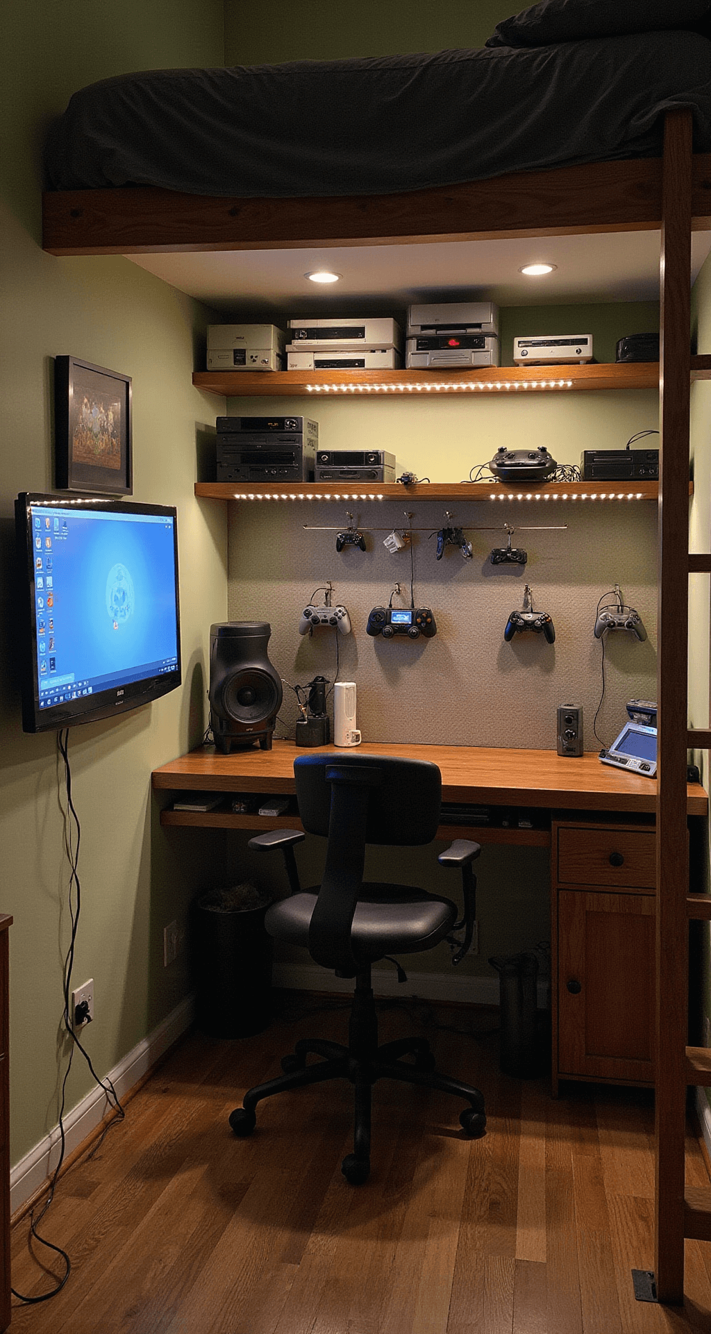 A cozy 10x8ft gaming room featuring a loft bed, wall-mounted TV, floating shelves with retro consoles, a wheeled gaming chair, LED strip lighting, and a pegboard wall for controllers, all in warm wood tones and deep greens.
