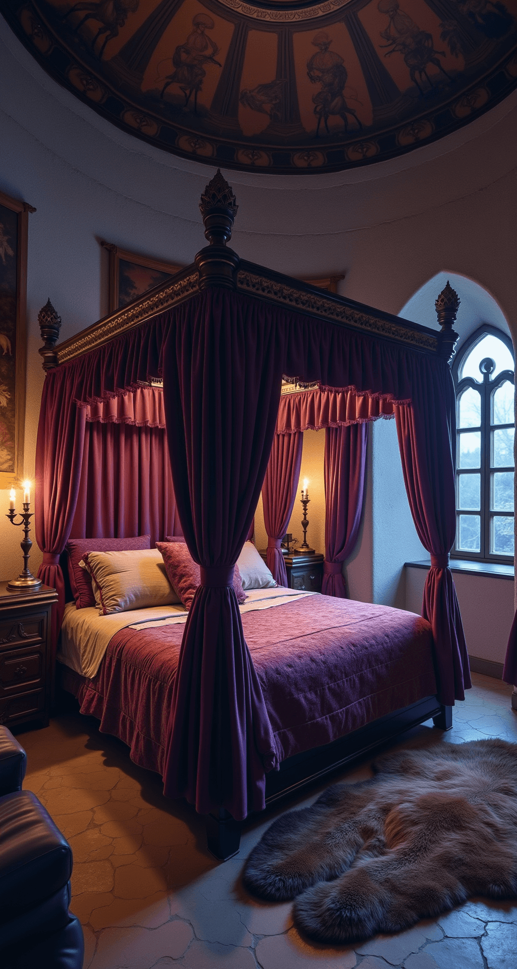 Bloxburg Castle: Building Your Dream Fortress Luxurious Bloxburg castle bedchamber at twilight with a four-poster bed draped in deep purple velvet curtains, flickering candlelight from ornate sconces, a bearskin rug on the stone floor, an arched window showcasing a starry sky, and hunting scene tapestries on the walls, all captured from a high corner angle for a cozy yet regal atmosphere.
