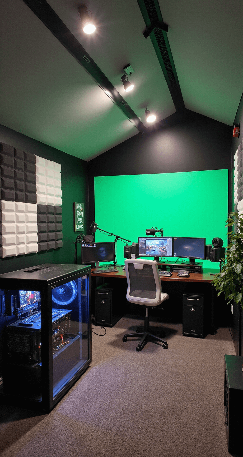 A sleek 15x15ft streaming room with a vaulted ceiling, featuring a professional-grade setup of multiple monitors, high-end microphones, and adjustable lighting. A custom-built PC in a glass case, a green screen on one wall, and geometric soundproofing panels create an engaging and acoustically controlled environment. The color scheme is black and white with branding accents, illuminated by studio-quality lighting for a polished look.