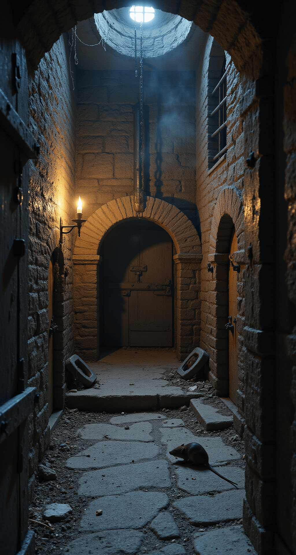 Bloxburg Castle: Building Your Dream Fortress A dimly lit Bloxburg castle dungeon with damp stone walls, iron shackles, and rusted cell doors. A narrow corridor leads to a circular chamber filled with medieval torture devices, while cobwebs adorn the corners. A rat scurries across the uneven floor, and a single flickering torch casts ominous shadows in the eerie atmosphere, viewed from a low angle around a corner.