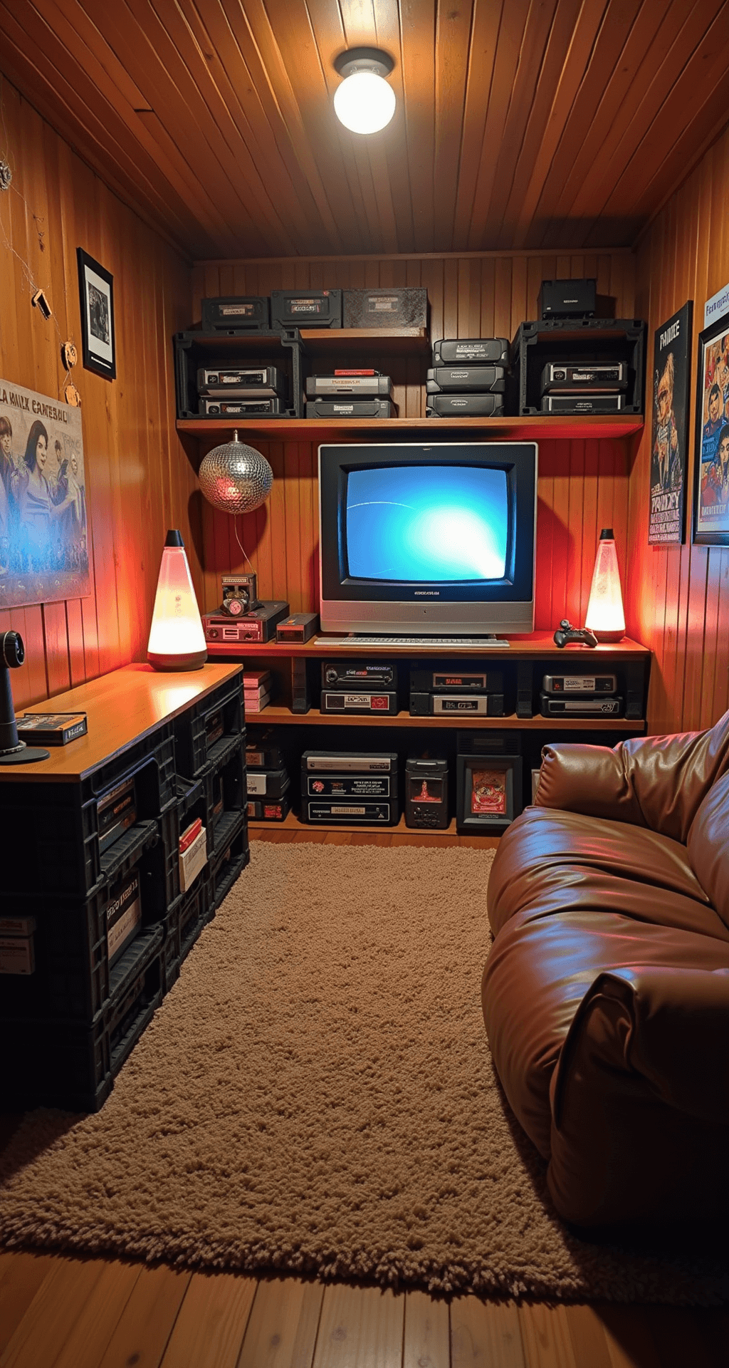 A cozy retro gaming room with wood-paneled walls, shag carpeting, vintage CRT TV, restored classic consoles, and milk crate shelving filled with boxed retro games, featuring a leather bean bag, low-slung sofa, lava lamps, and a disco ball, all in warm browns, oranges, and teals.