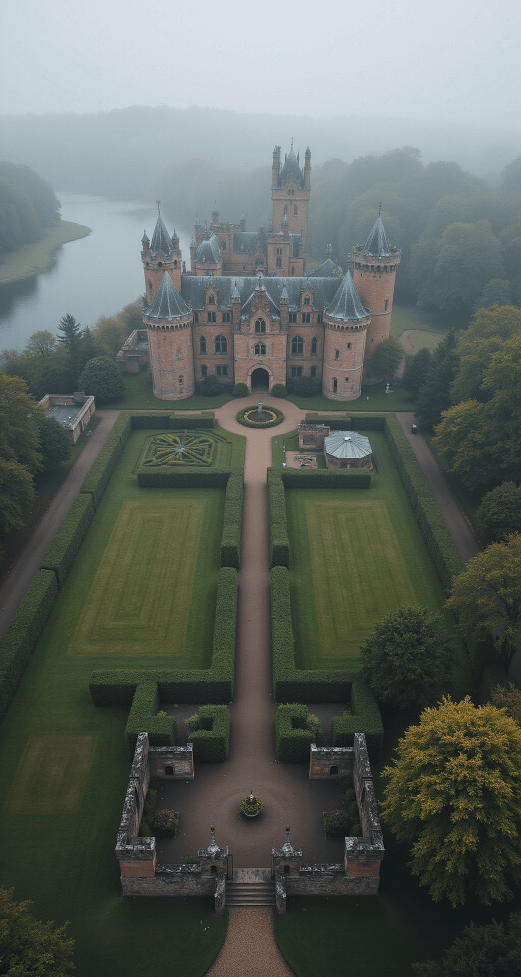 Bloxburg Castle: Building Your Dream Fortress Aerial view of a Bloxburg castle surrounded by mist, showcasing its complex layout, inner courtyards, towers, and defensive walls, with a hedge maze in one corner, stables near the main gate, and a moat lightly covered in morning mist, all captured in soft, diffused lighting for a dreamy effect.