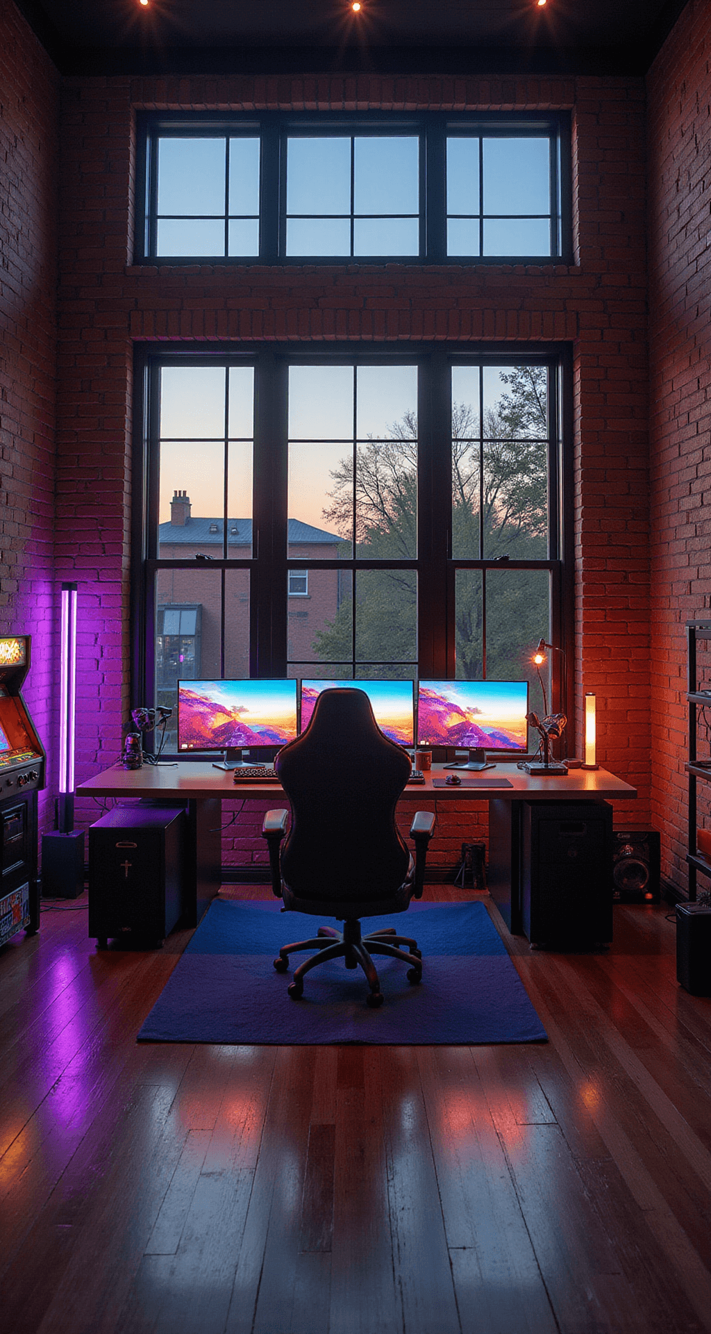 Spacious game room featuring exposed brick walls, high ceilings, and large industrial windows with evening light. Central L-shaped gaming desk with triple monitors, RGB keyboard, and pro gaming chair. Vintage arcade machine on the left and sleek bar area in the right corner, illuminated by ambient LED strips for a cozy, tech-driven atmosphere.