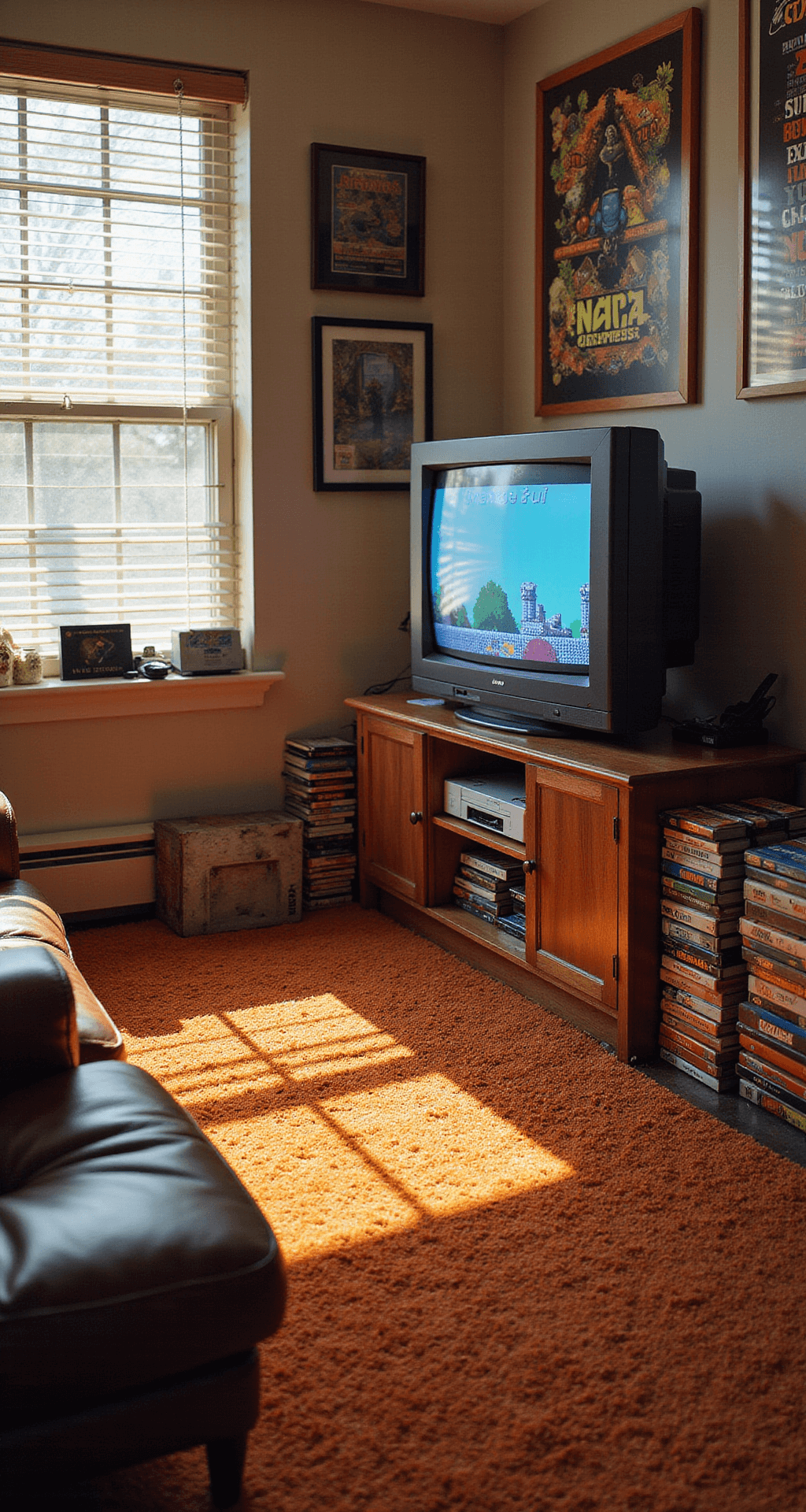 A retro gaming den featuring a large CRT TV, classic game cartridges, a worn leather sofa with pixel art cushions, and shag carpet in burnt orange, illuminated by afternoon sunlight streaming through venetian blinds. Framed vintage game posters decorate the walls, creating a nostalgic and cozy atmosphere.