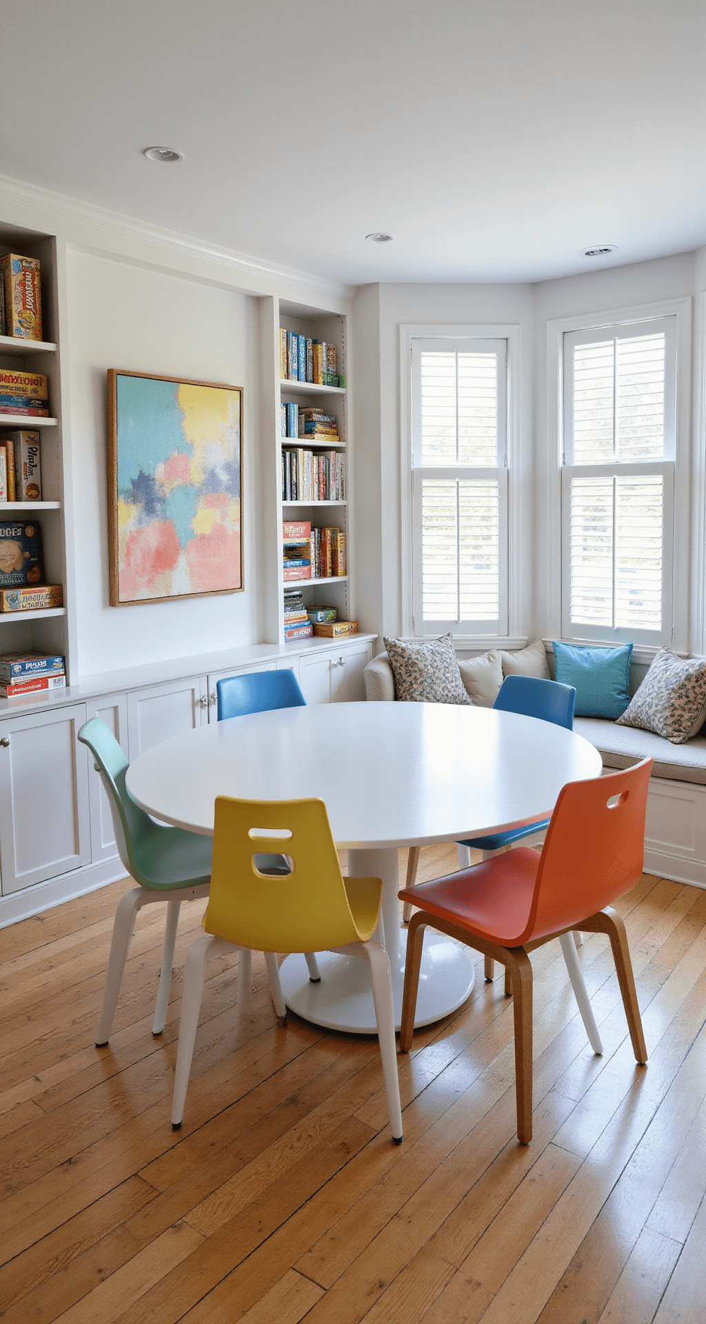 A bright and airy family game room featuring a large round table surrounded by pastel chairs, built-in bookshelves filled with board games, and a cozy window seat, all illuminated by mid-morning light from bay windows.