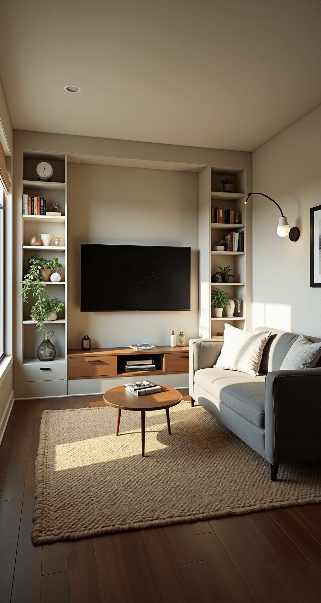 A cozy 8x8 foot Bloxburg living area featuring a compact gray loveseat, a wall-mounted smart TV, and built-in shelving units filled with books and plants, all illuminated by warm afternoon sunlight. A round coffee table with hidden storage sits in front of the seating area, with a sleek floor lamp arching overhead. The walls are painted soft beige, contrasting with dark wood flooring, and a woven jute rug adds texture to the space. The camera captures the room from eye level at the entrance, highlighting the efficient use of space and inviting ambiance.