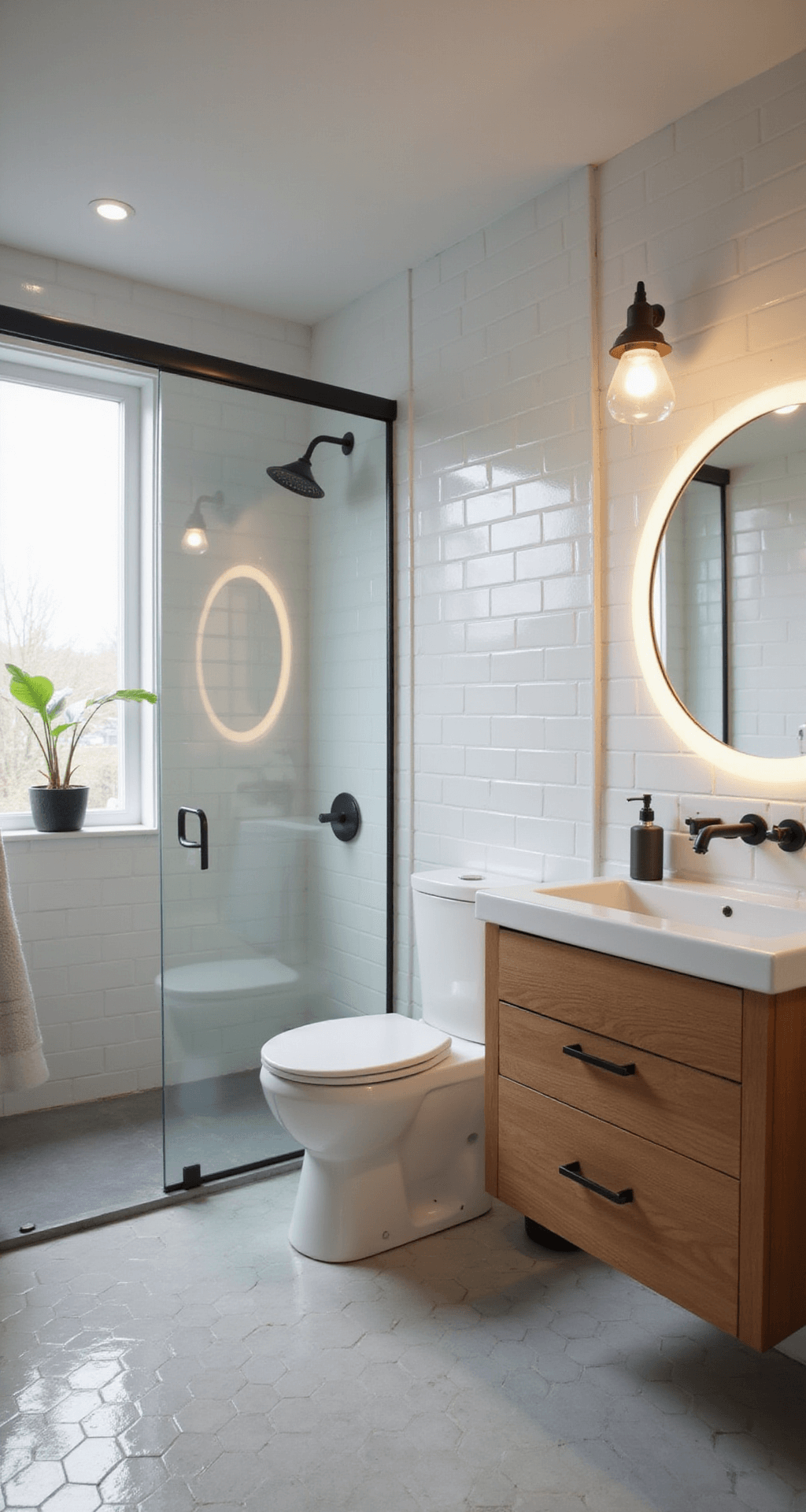 A modern Bloxburg bathroom featuring a glass-enclosed shower with white subway tiles, a warm wood floating vanity with a circular backlit mirror, discreet toilet in the corner, light gray hexagonal floor tiles, a tall narrow storage cabinet, and a small potted plant, all illuminated by cool morning light for a spa-like atmosphere.