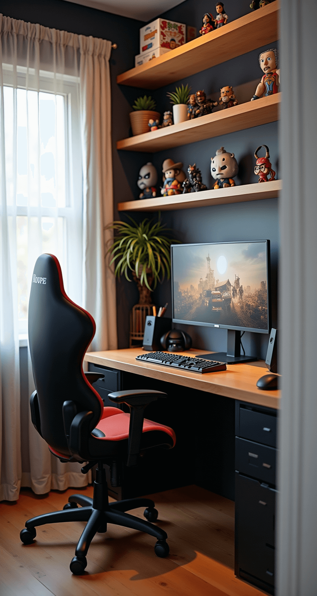 A compact gaming nook in a home office, featuring a dual-monitor gaming station, mechanical keyboard, and pro-grade mouse, surrounded by gaming memorabilia on floating shelves, an ergonomic racing-style chair, and tidy cable management, illuminated by soft morning light through sheer curtains.