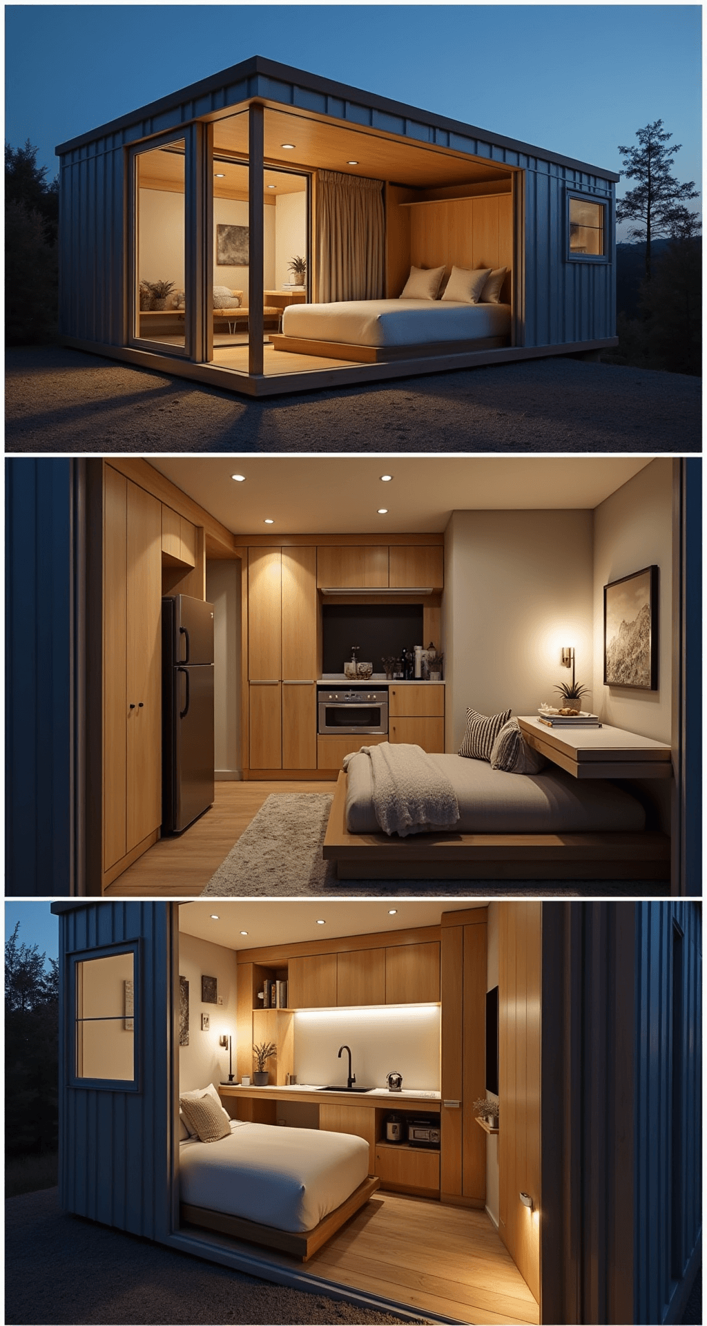 A cozy 12x12 foot studio apartment at dusk, with distinct zones for sleeping, living, and dining. A Murphy bed tucked into a built-in wardrobe, a modular sofa, and a versatile drop-leaf table create a multifunctional layout. A sleek kitchenette features a mini fridge, induction cooktop, and microwave, all illuminated by warm LED strip lighting, enhancing the inviting ambiance.