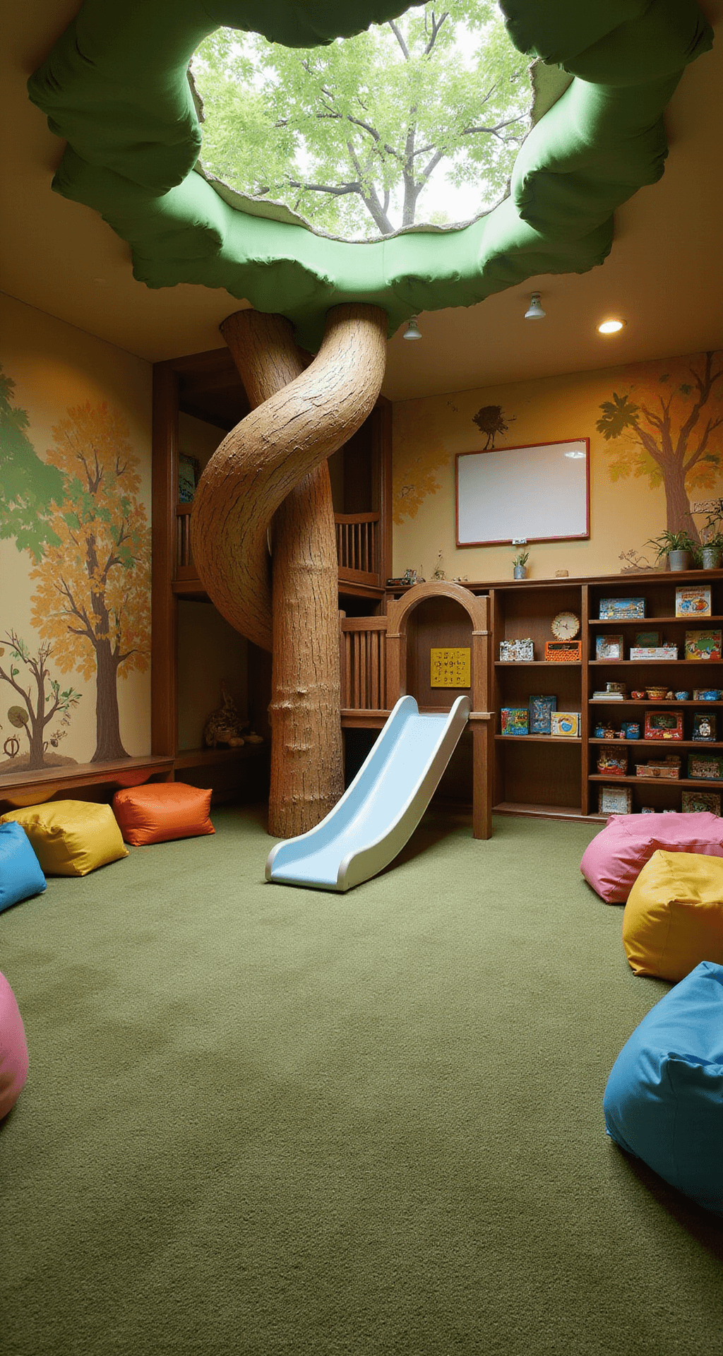 A whimsical kids' game room designed like a treehouse, featuring a leaf-shaped ceiling fixture, a spiral slide, soft grass-like carpet, bean bags, an interactive drawing board, open shelving with toys, and nature-themed murals, captured from a child's eye level.