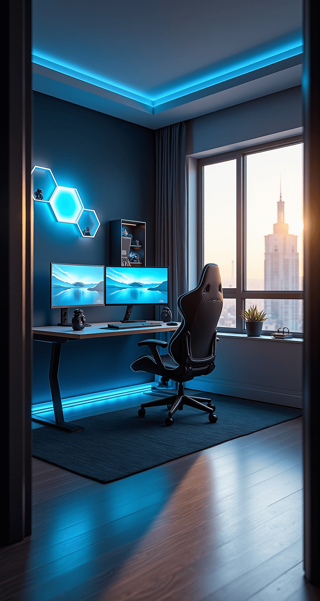 Gaming Bedroom Setup Ideas: Creating the Ultimate Gamer's Haven A spacious gaming bedroom featuring a sleek L-shaped desk with triple curved monitors, a high-backed black and neon blue chair, a floating platform bed with LED underglow, and hexagonal light panels emitting soft RGB hues, all illuminated by late afternoon sunlight.