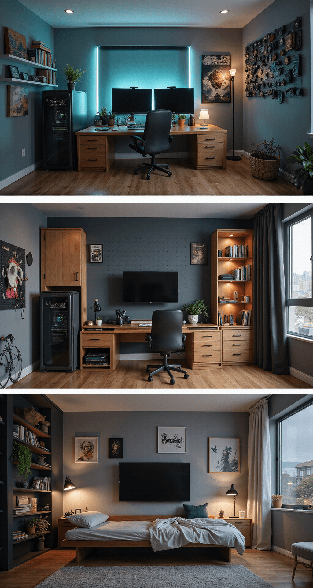 A compact multi-functional gaming space showcasing a convertible desk, dual monitors, a daybed, modular shelving, and smart lighting transitioning from day to night, with a color palette of charcoal grey, warm wood tones, and teal accents.