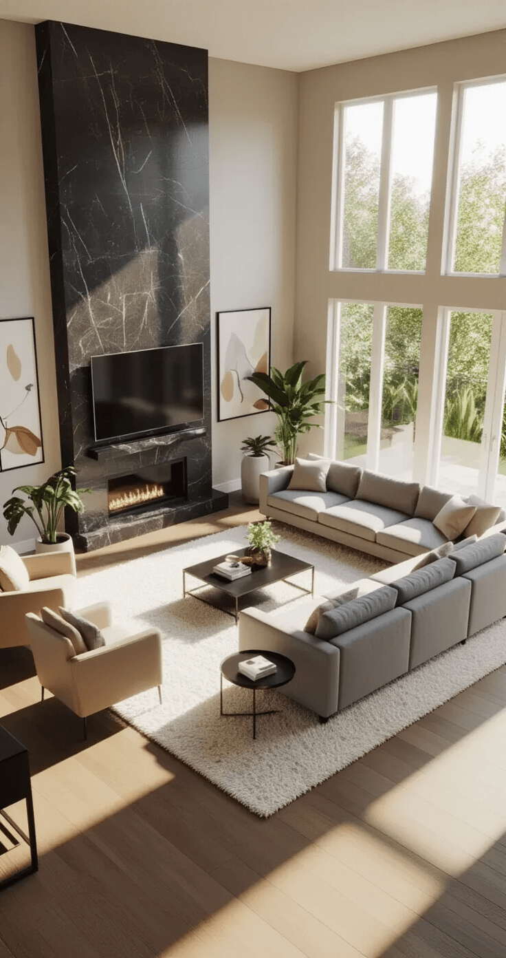 Bloxburg Mansion Mastery: Your Ultimate Guide to Creating Virtual Luxury Homes A spacious modern living room featuring a grey L-shaped sectional, plush white rug, mounted TV, minimalist black marble fireplace, beige leather accent chairs, glass coffee table, and light greige walls adorned with abstract art, all illuminated by warm afternoon light.