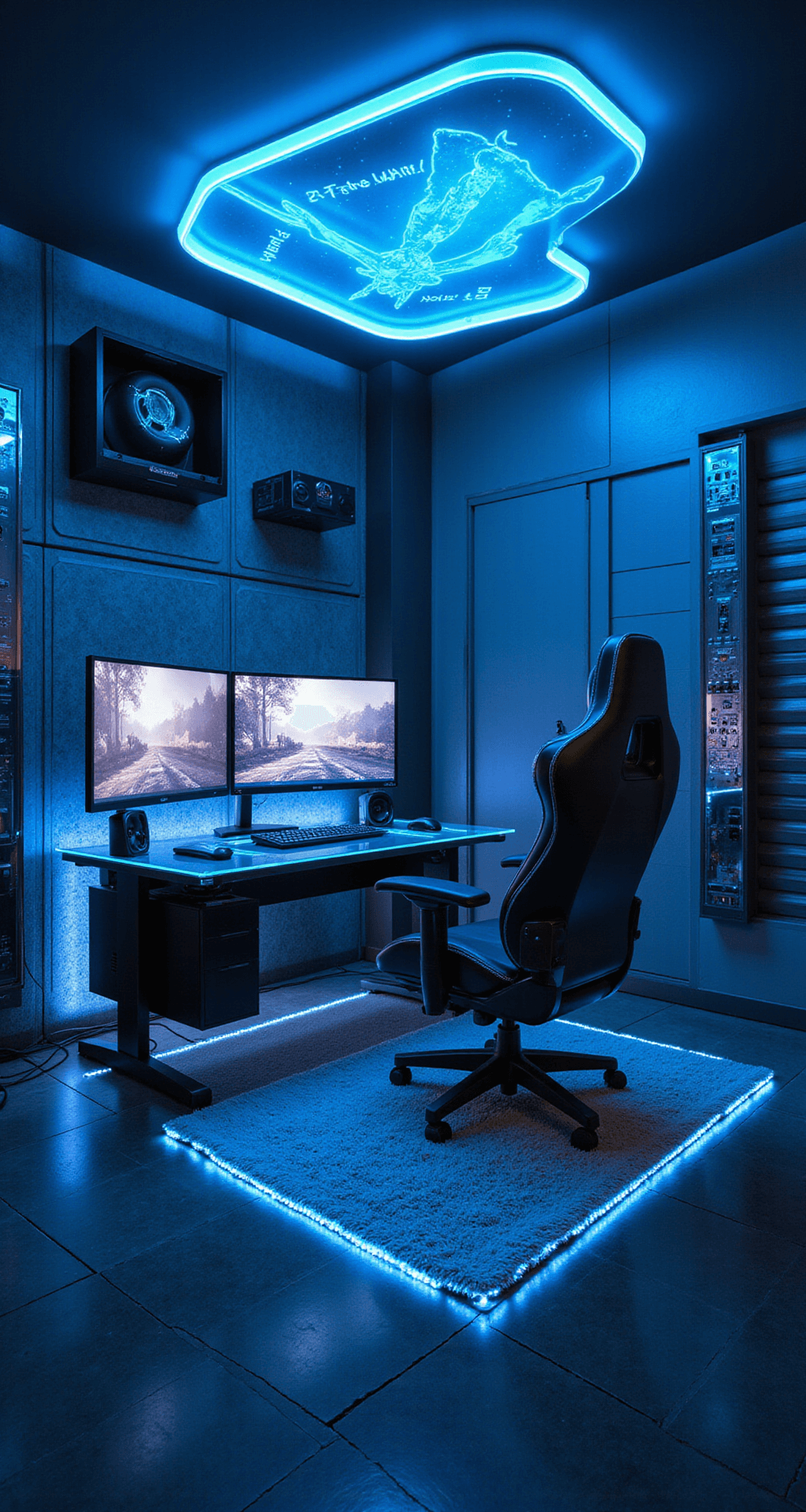 A high-tech gaming bedroom featuring a curved acrylic desk, dual ultrawide monitors, a futuristic pod chair with speakers, and a floating bed platform, all illuminated by neon blue ambient lighting and metallic panel walls. A holographic projector displays game stats in mid-air, emphasizing the immersive atmosphere.