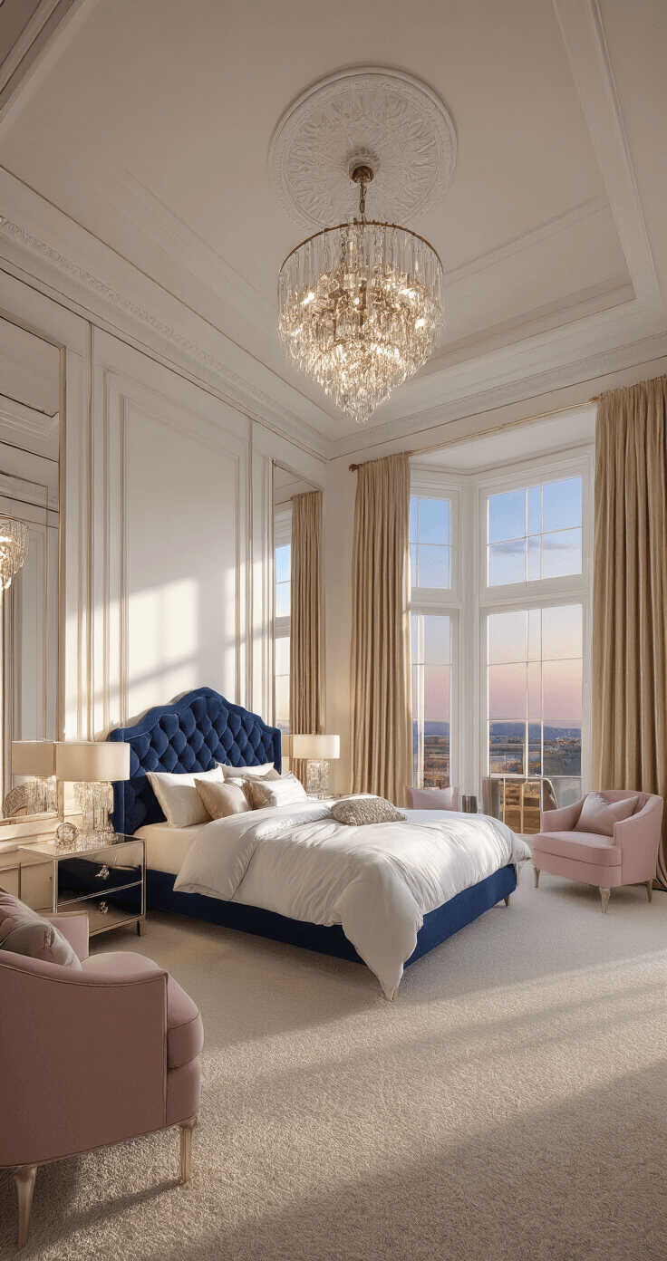 Bloxburg Mansion Mastery: Your Ultimate Guide to Creating Virtual Luxury Homes An opulent Bloxburg master bedroom featuring a king-size bed with a tufted navy headboard, mirrored nightstands with crystal lamps, a sitting area with blush pink armchairs, a grand bay window with champagne drapes, and a crystal chandelier in a high corner view, illuminated by dawn's soft glow.