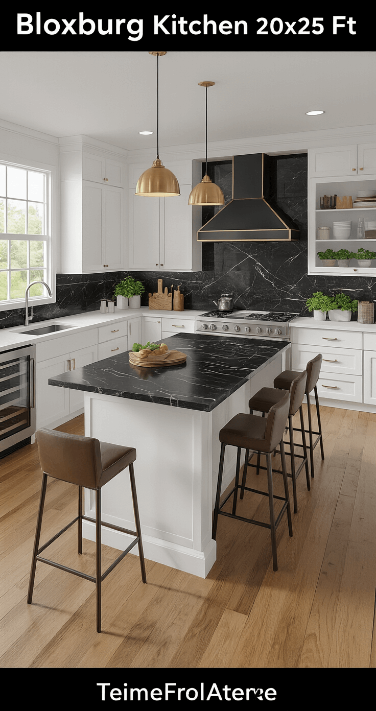 Bloxburg Mansion Mastery: Your Ultimate Guide to Creating Virtual Luxury Homes A modern Bloxburg kitchen featuring sleek white cabinetry, black marble countertops, stainless steel appliances, and a large island with bar seating, illuminated by midday light with warm honey-toned hardwood floors.