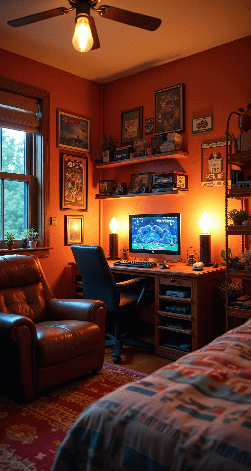 A cozy retro gaming den with warm golden hour light, featuring a vintage wooden desk with modern gaming equipment, a leather armchair, shelves of classic game cartridges, lava lamps, Edison bulbs, a pixel art quilted bed, and framed gaming magazine covers, all in a palette of warm woods, deep reds, and muted oranges.