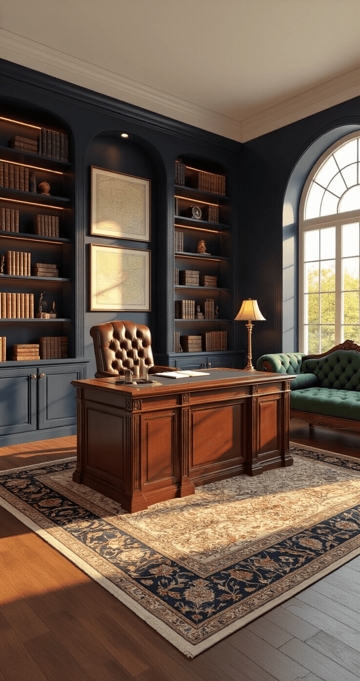Bloxburg Mansion Mastery: Your Ultimate Guide to Creating Virtual Luxury Homes A luxurious home office in Bloxburg featuring a mahogany desk and high-back leather chair, surrounded by floor-to-ceiling bookshelves filled with leather-bound books. A deep green velvet chaise lounge sits in a cozy reading nook under an arched window, while a jewel-toned Persian rug warms the hardwood floors. The deep navy walls display vintage maps and a statement clock, accented with brass details, all illuminated by the golden hour glow.