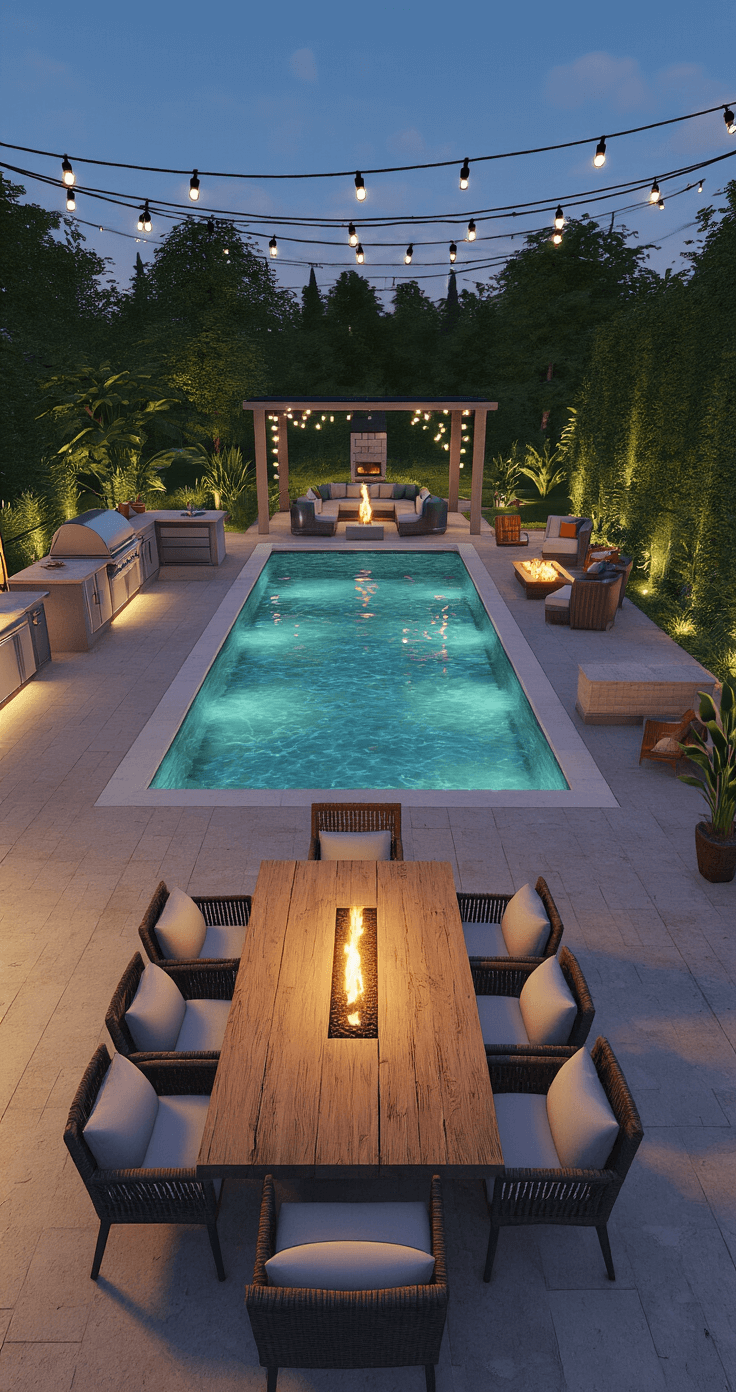 Bloxburg Mansion Mastery: Your Ultimate Guide to Creating Virtual Luxury Homes An expansive Bloxburg outdoor entertaining area featuring a large infinity pool with LED lighting, an outdoor kitchen with grill and pizza oven, a reclaimed wood dining table with wicker chairs, string lights overhead, lush tropical plants, and a cozy fire pit, all captured at twilight.